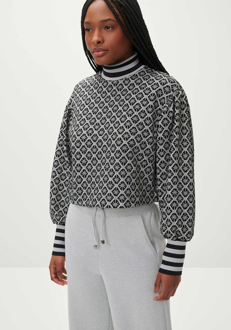 Blusão Manga Bufante Estampado com Gola Alta, . Blusão Manga Bufante Estampado com Gola Alta, , large.