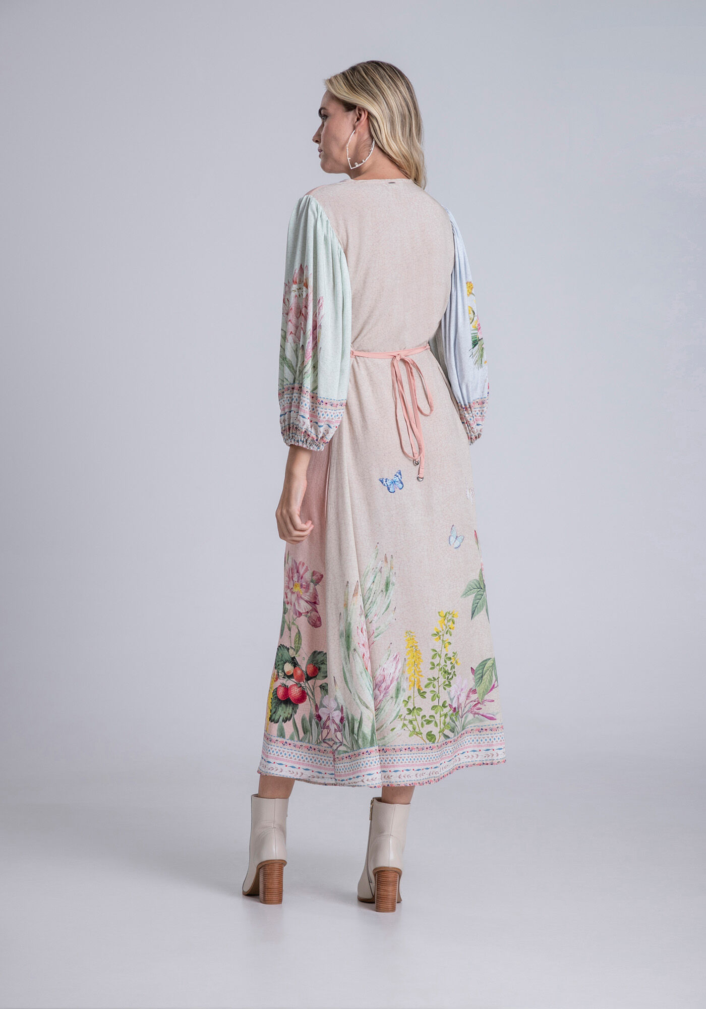 Vestido Midi Manga em Viscose com Cinto, PAPEL DE CARTAS, large.