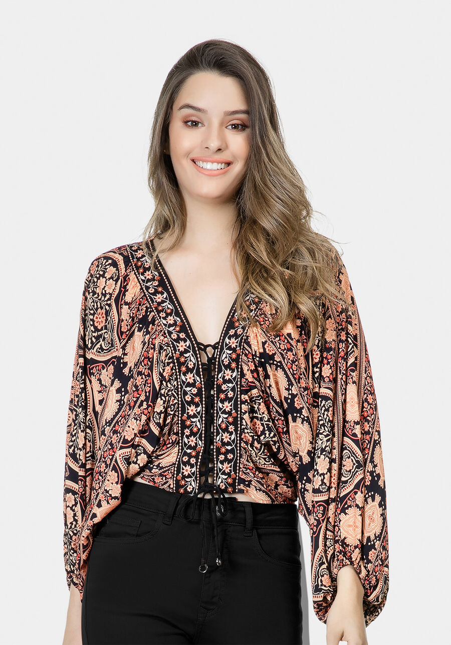 Blusa Amarração Estampada Tecido, . Blusa Amarração Estampada Tecido, , large.