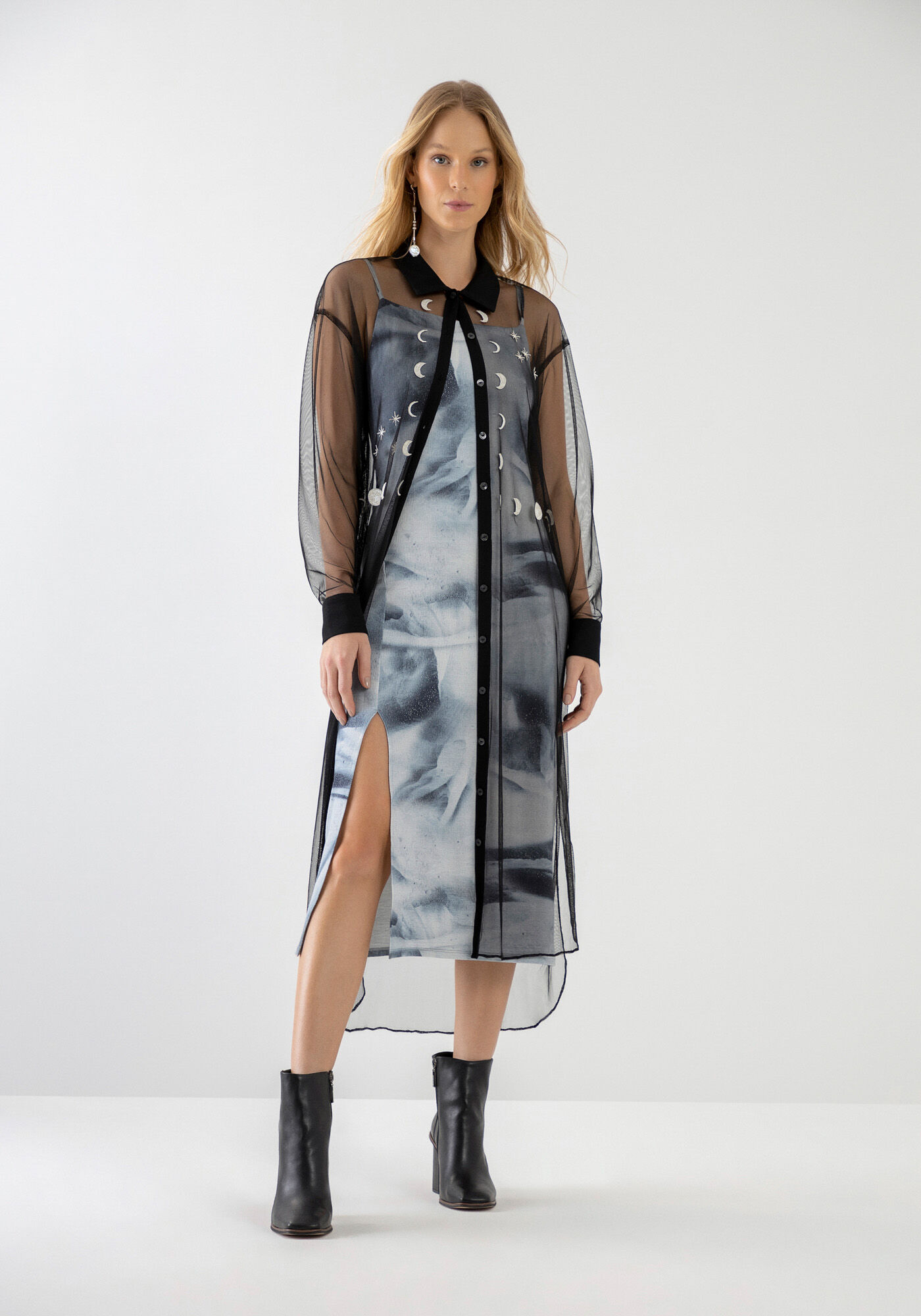 Vestido Midi Estampado em Malha com Fenda, , large.