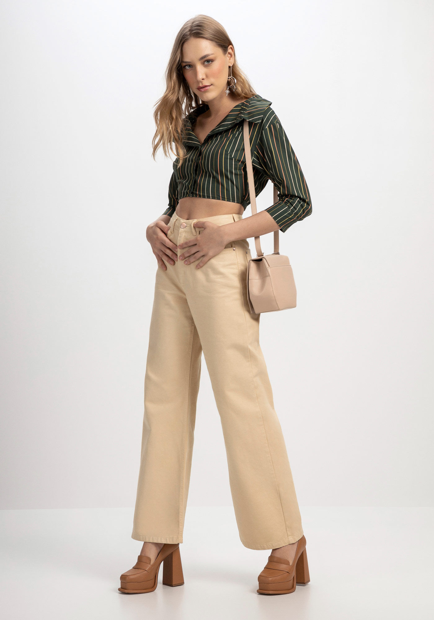 Camisa Cropped em Tricoline com Manga 3/4, , large.