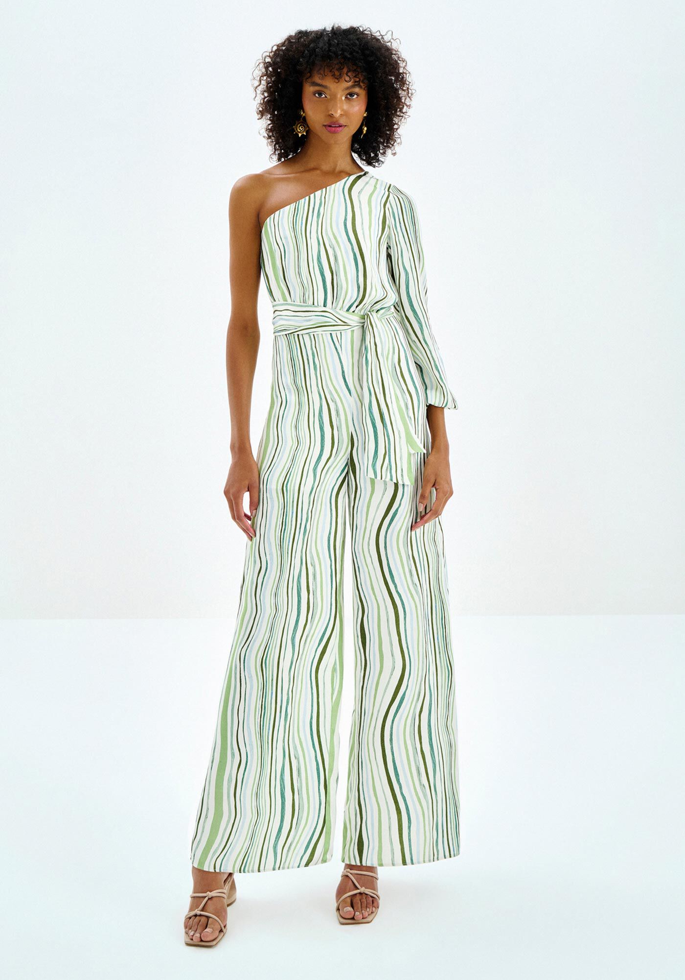 Macac&atilde;o Longo Estampado Um Ombro S&oacute; com Cinto, BREEZE, large.