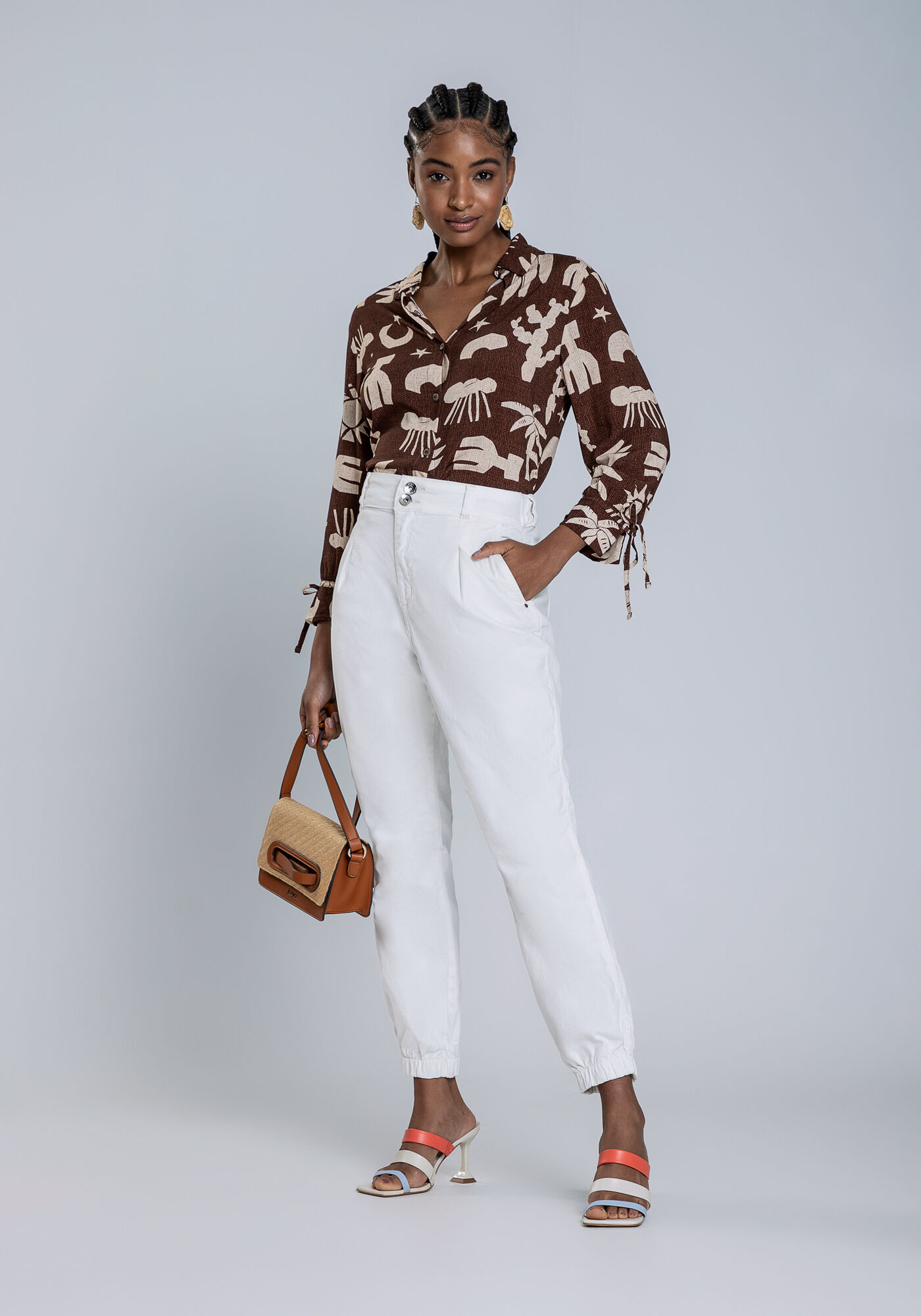 Camisa Mangas 3/4 em Viscose Estampada, CATIMBAU, large.