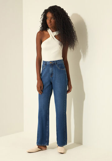 Calça Reta Jeans Com Bolsos E Cintura Alta, JEANS ESCURO. Calça Reta Jeans Com Bolsos E Cintura Alta, JEANS ESCURO, large.
