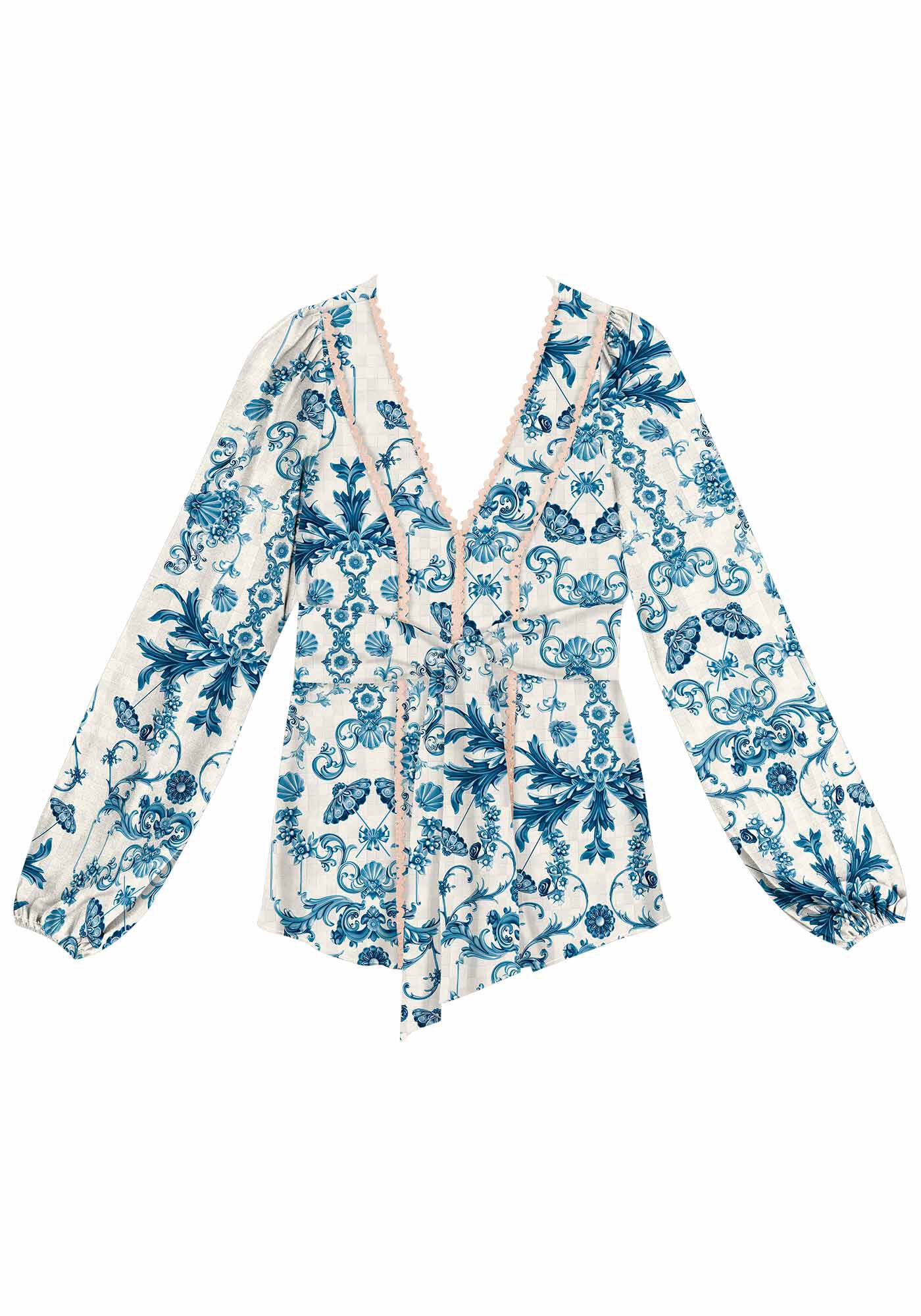 Blusa Manga Longa Bufante Estampada com Faixa, , large.