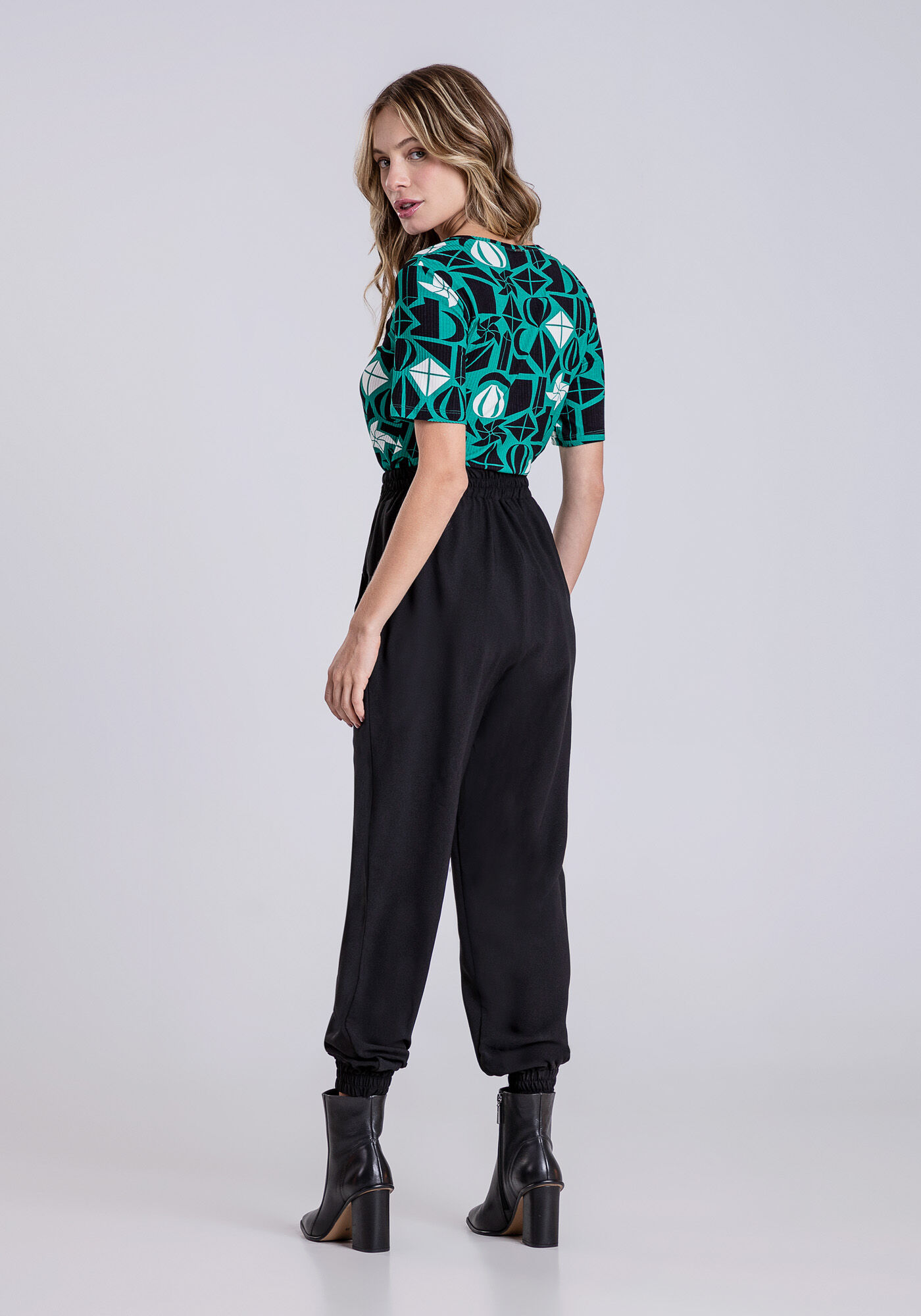 Blusa Manga Curta em Malha Canelada Estampada, , large.