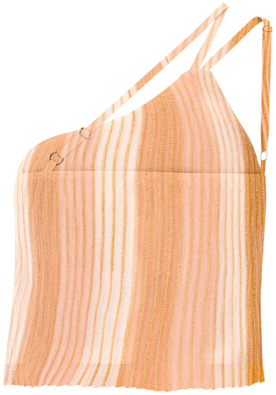 Blusa Um Ombro Só em Tricô com Lurex, BEGE CAQUI. Blusa Um Ombro Só em Tricô com Lurex, BEGE CAQUI, large.