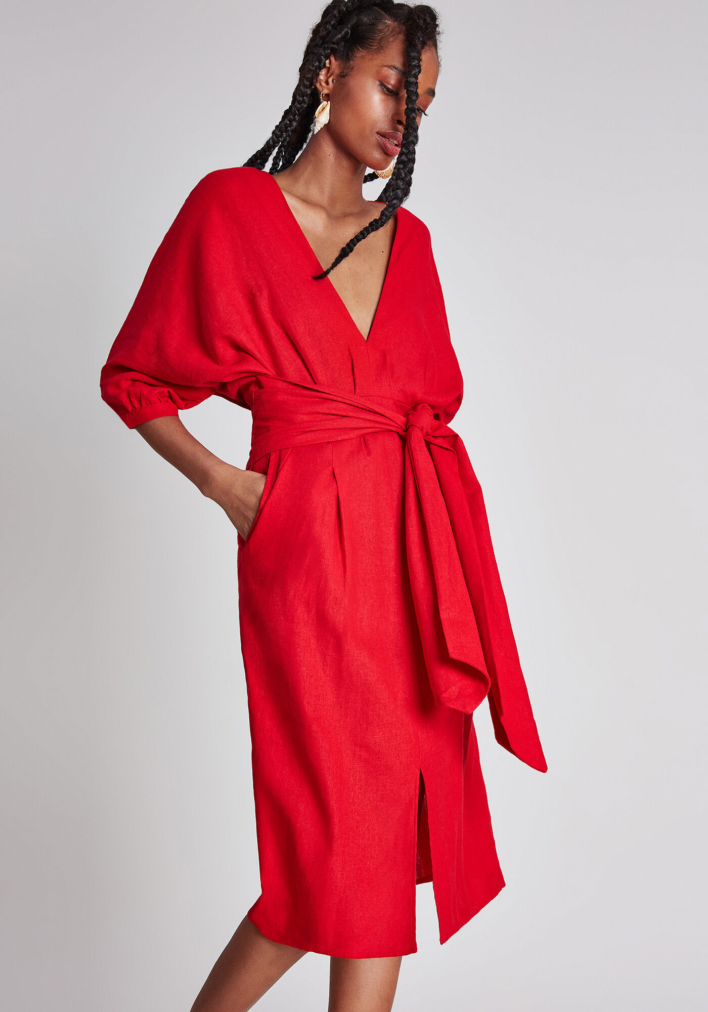 Vestido M&iacute;di Cinto Linho, , large.