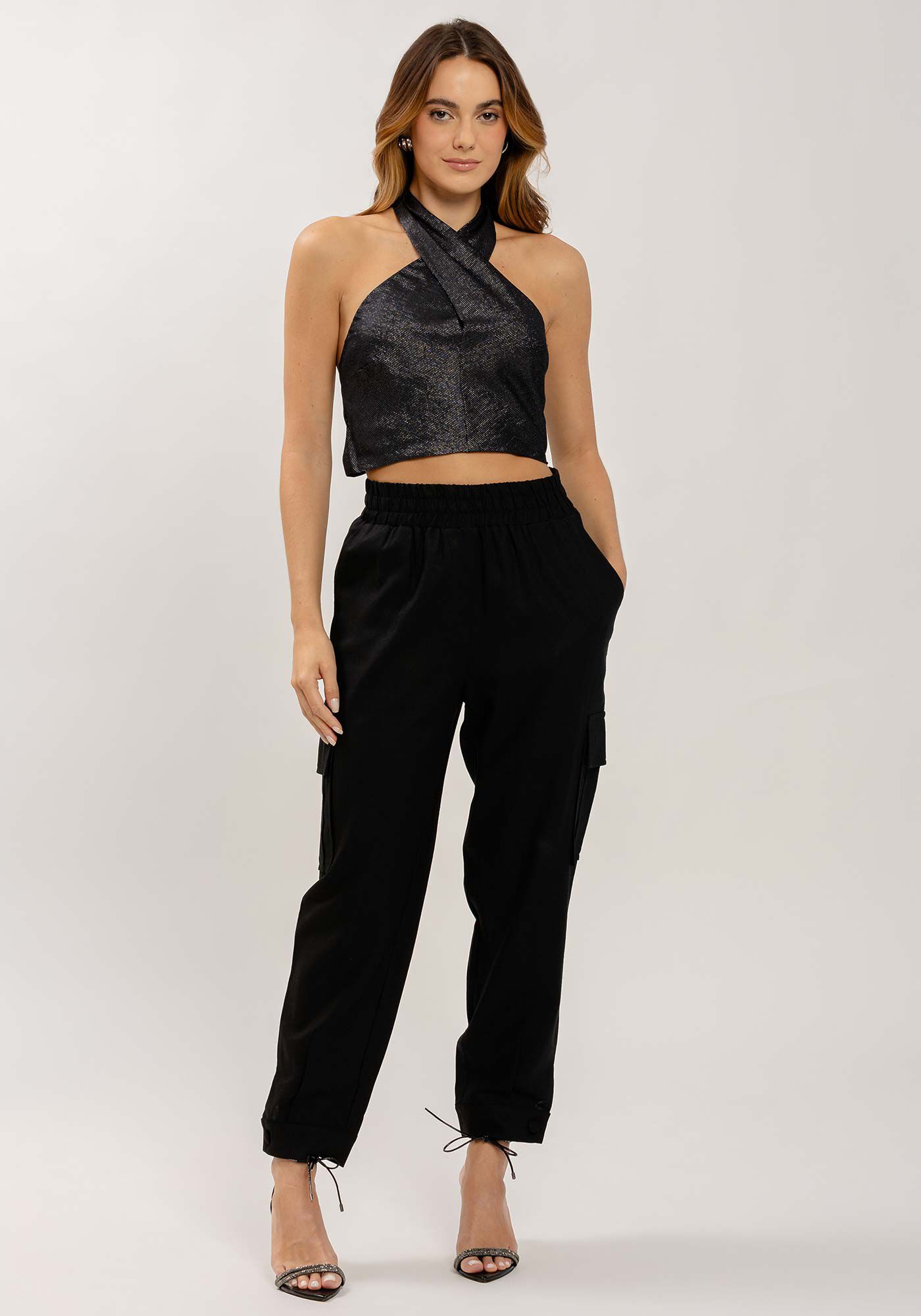 Cal&ccedil;a Jogger em Linho com Bolso Cargo, PRETO REATIVO, large.