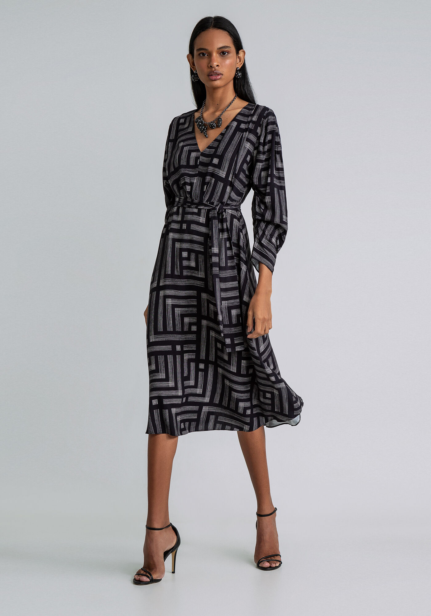 Vestido Midi Estampado Manga 3/4, EQUILIBRIO, large.