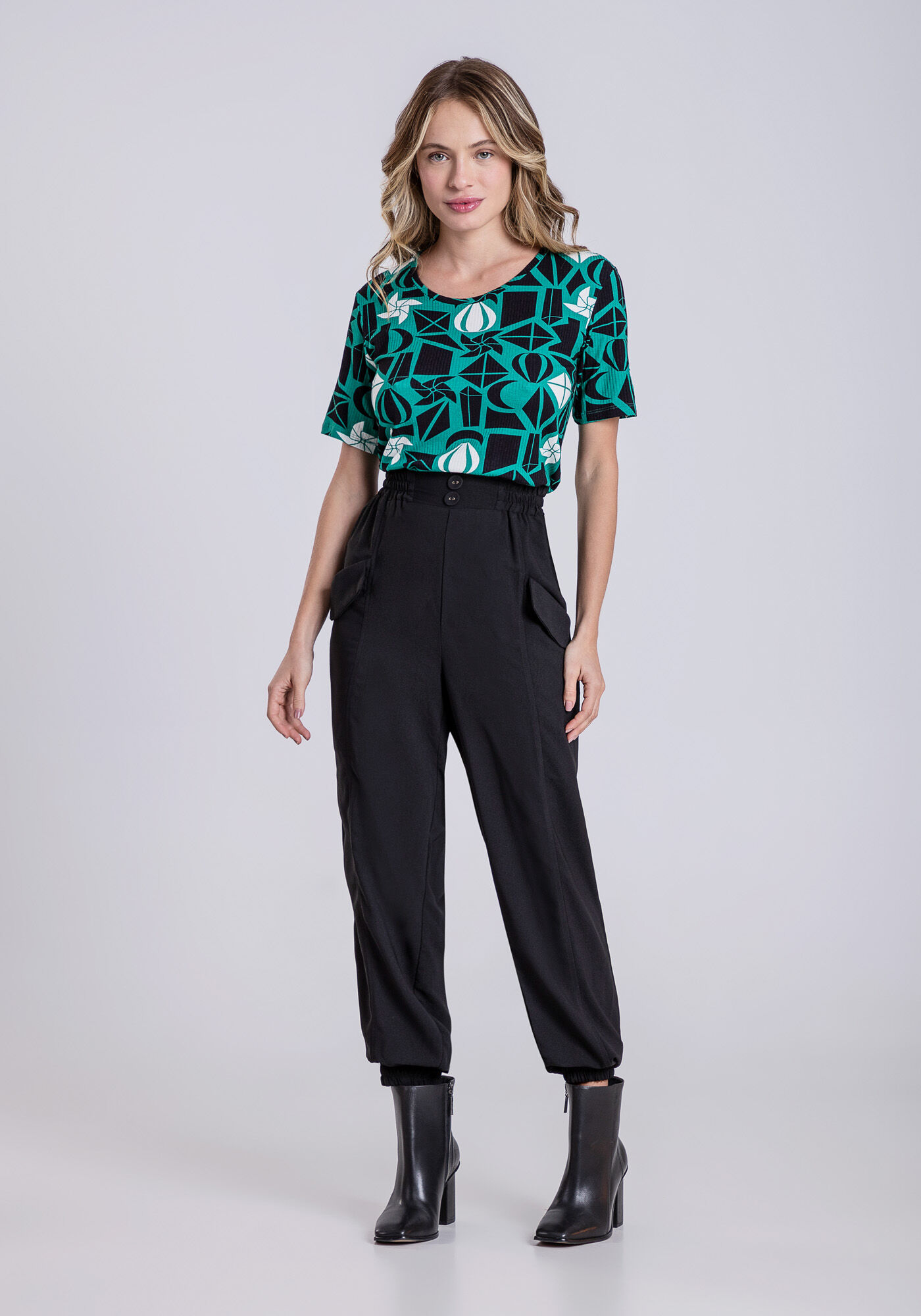 Blusa Manga Curta em Malha Canelada Estampada, , large.