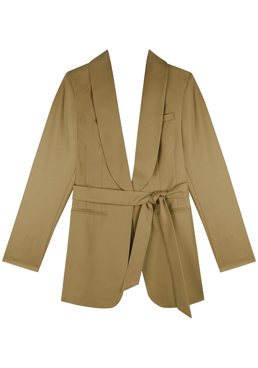 Blazer Alfaiataria Alongado Com Lapelas E Faixa Ajustável, . Blazer Alfaiataria Alongado Com Lapelas E Faixa Ajustável, , large.