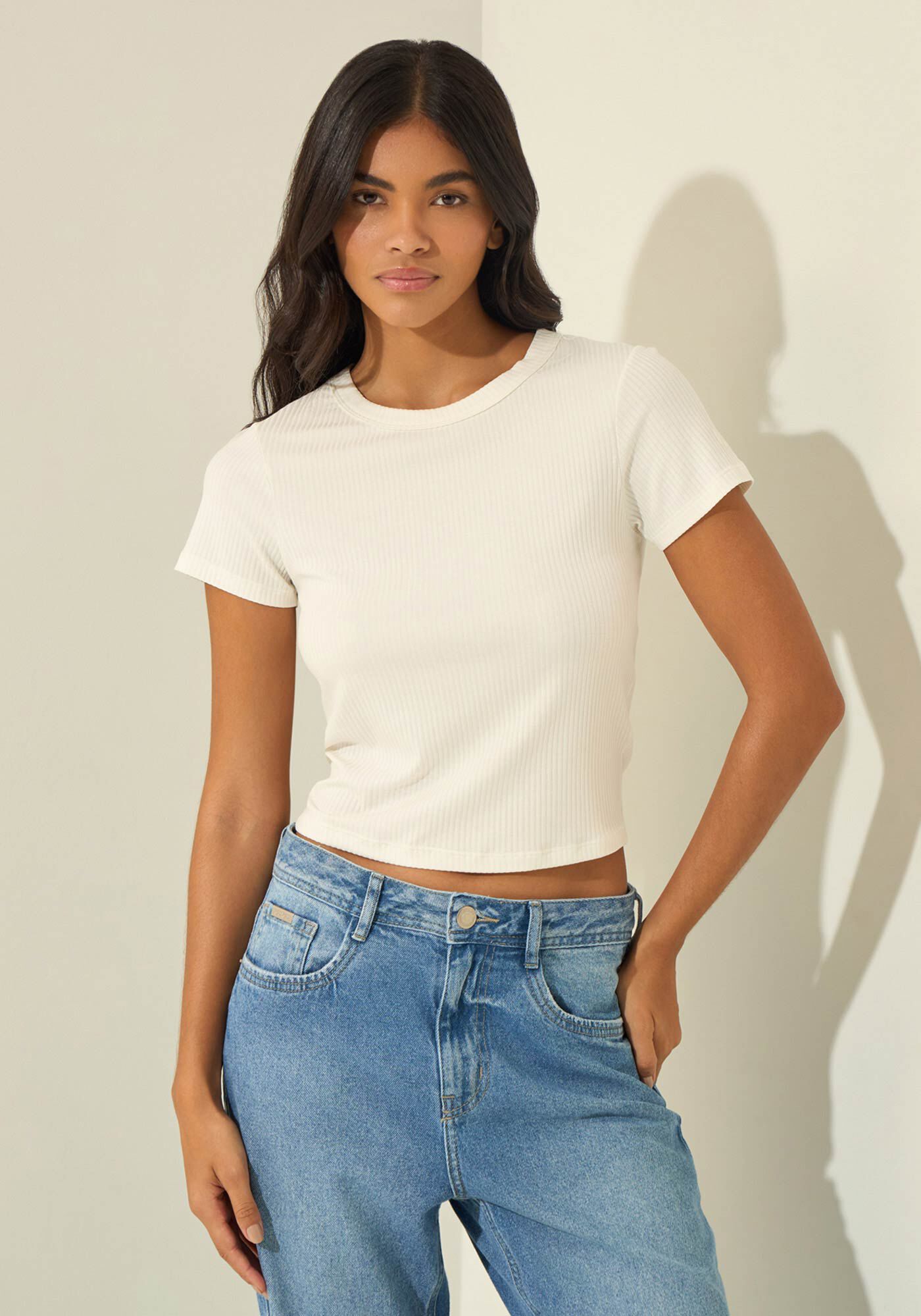 Blusa Em Malha Canelada Com Bordado Na Manga, BRANCO OFF WHITE, large.