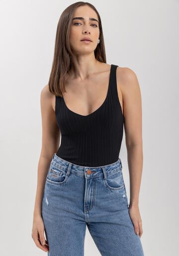 Blusa Cropped De Alças Com Decote Em V Em Malha De Tricô, PRETO. Blusa Cropped De Alças Com Decote Em V Em Malha De Tricô, PRETO, large.