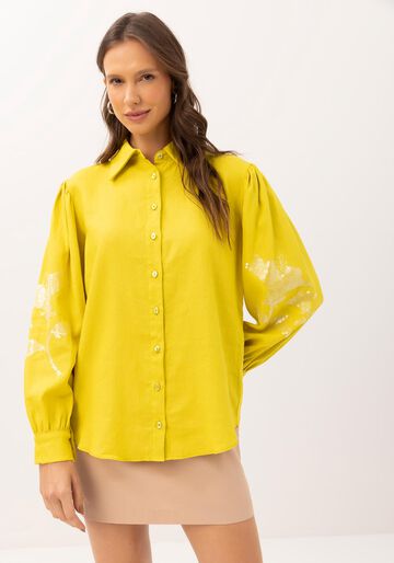 Camisa Manga Bufante em Linho com Bordado Paetês, VERDE PING. Camisa Manga Bufante em Linho com Bordado Paetês, VERDE PING, large.