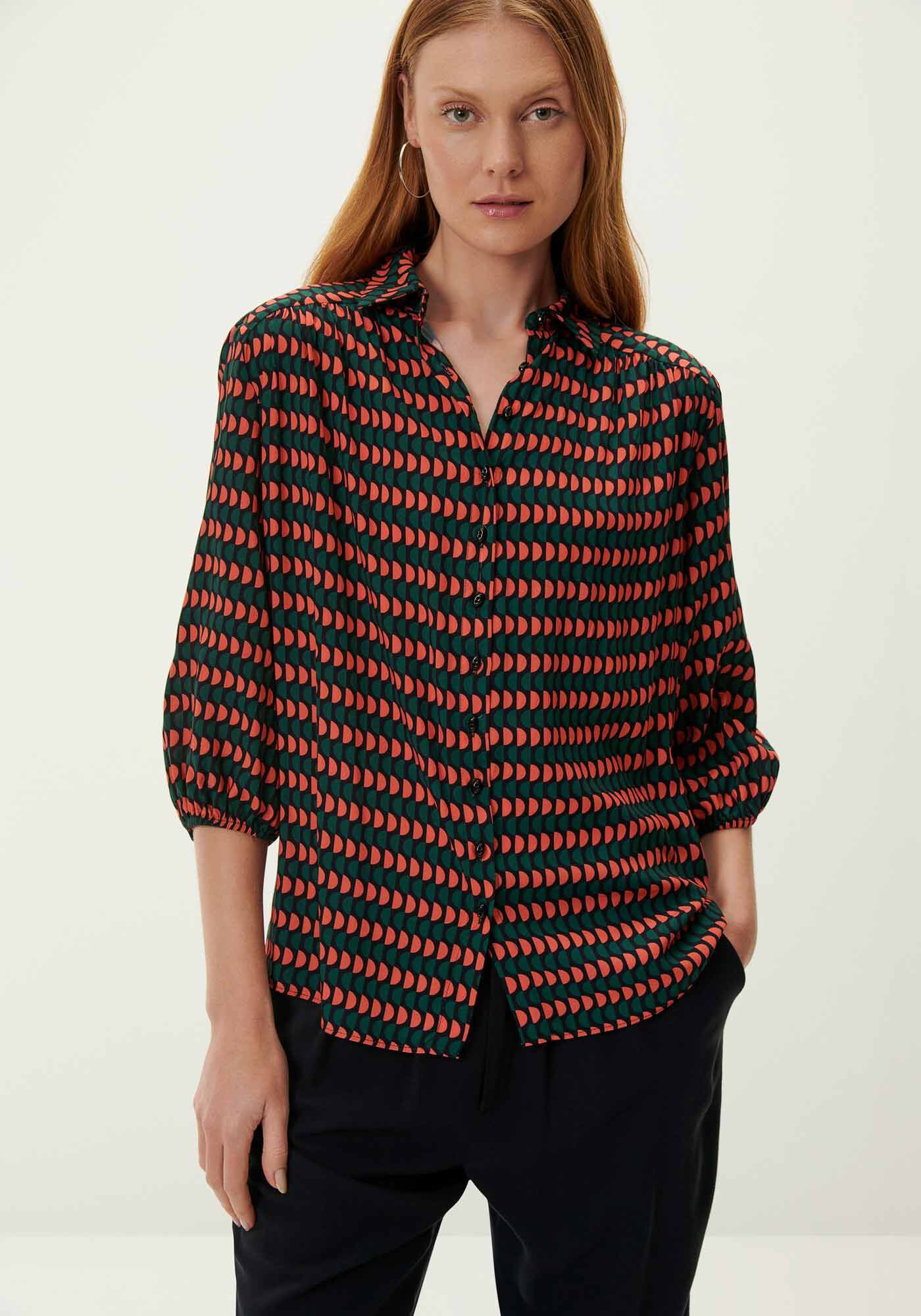 Camisa Estampada em Viscose com Manga 3/4 Bufante, , large.