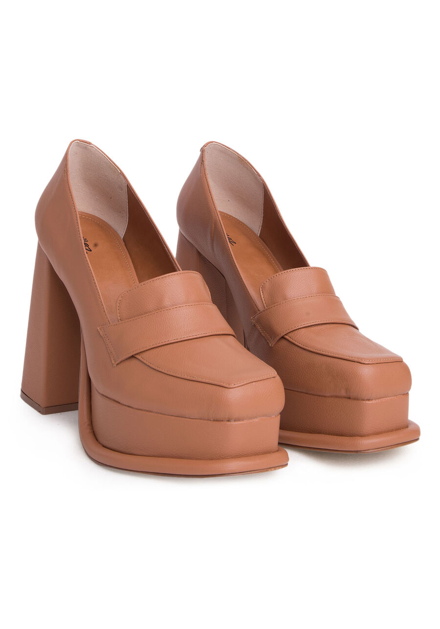 Mocassim com Salto Alto Flare, MARROM TERRACOTA. Mocassim com Salto Alto Flare, MARROM TERRACOTA, large.