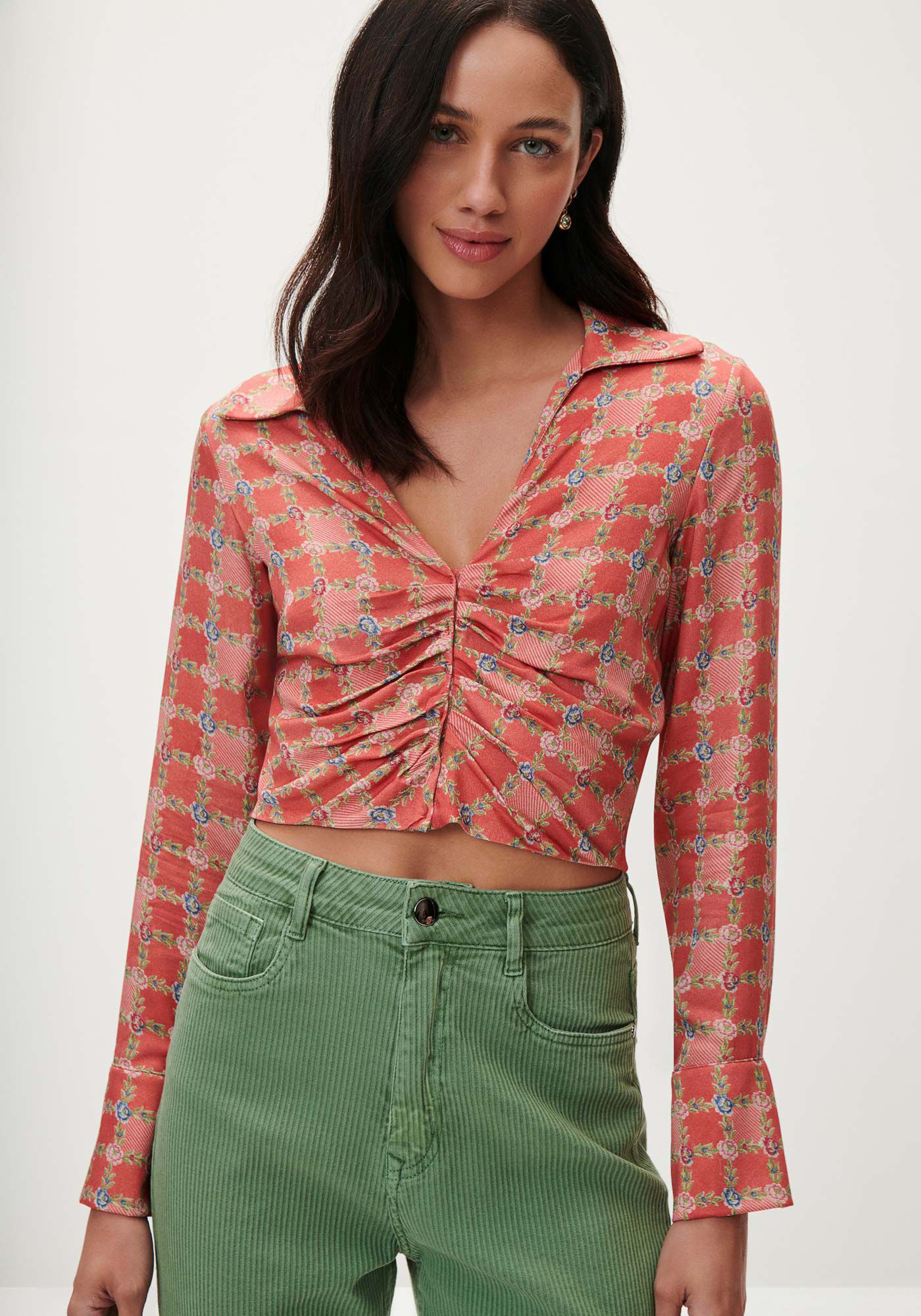 Camisa Cropped Estampada com Franzido, , large.