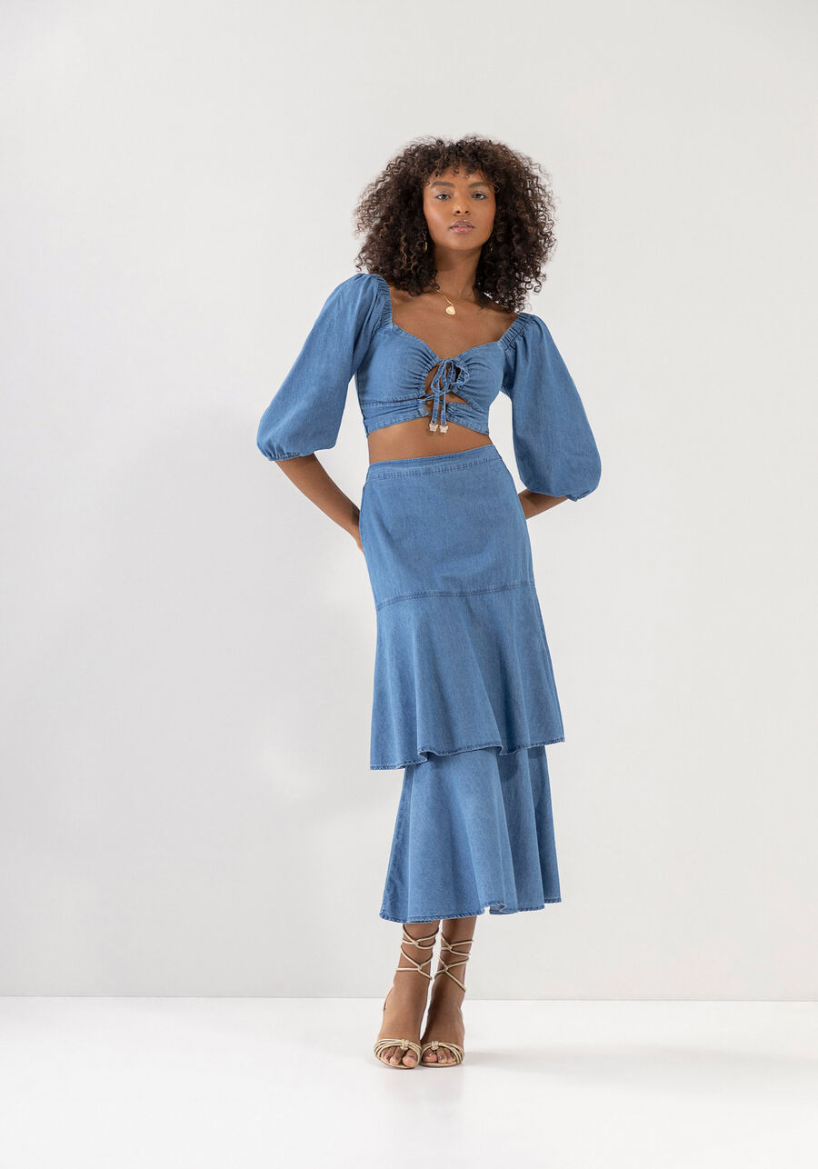 Blusa Jeans Cut Manga 3/4 Bufante com Cut Out, . Blusa Jeans Cut Manga 3/4 Bufante com Cut Out, , large.