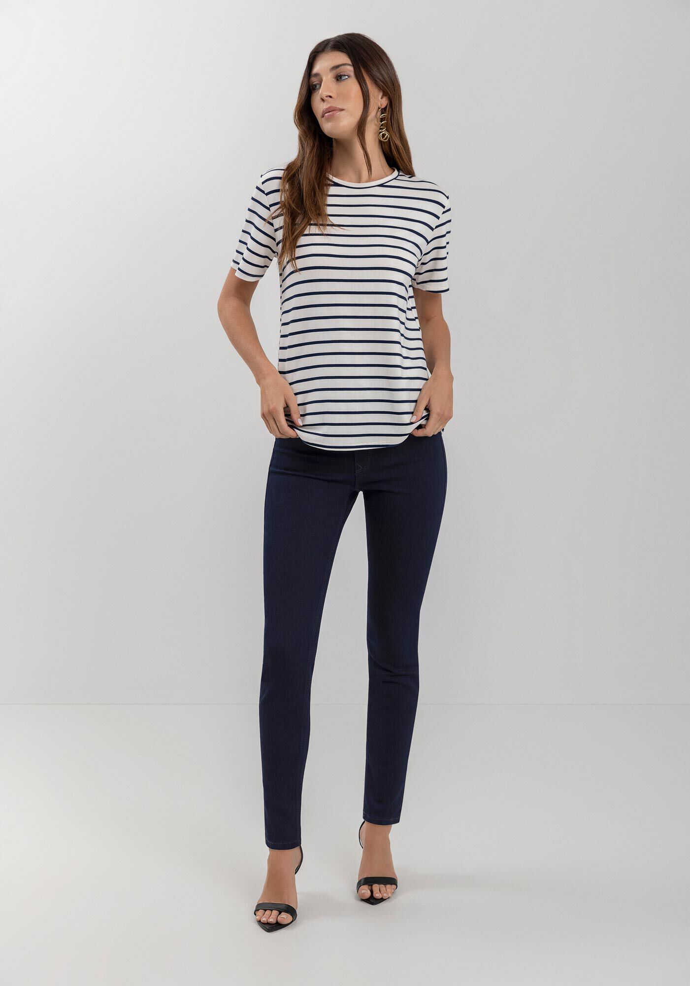 Blusa De Mangas Curtas Listrada Em Malha De Viscose, , large.