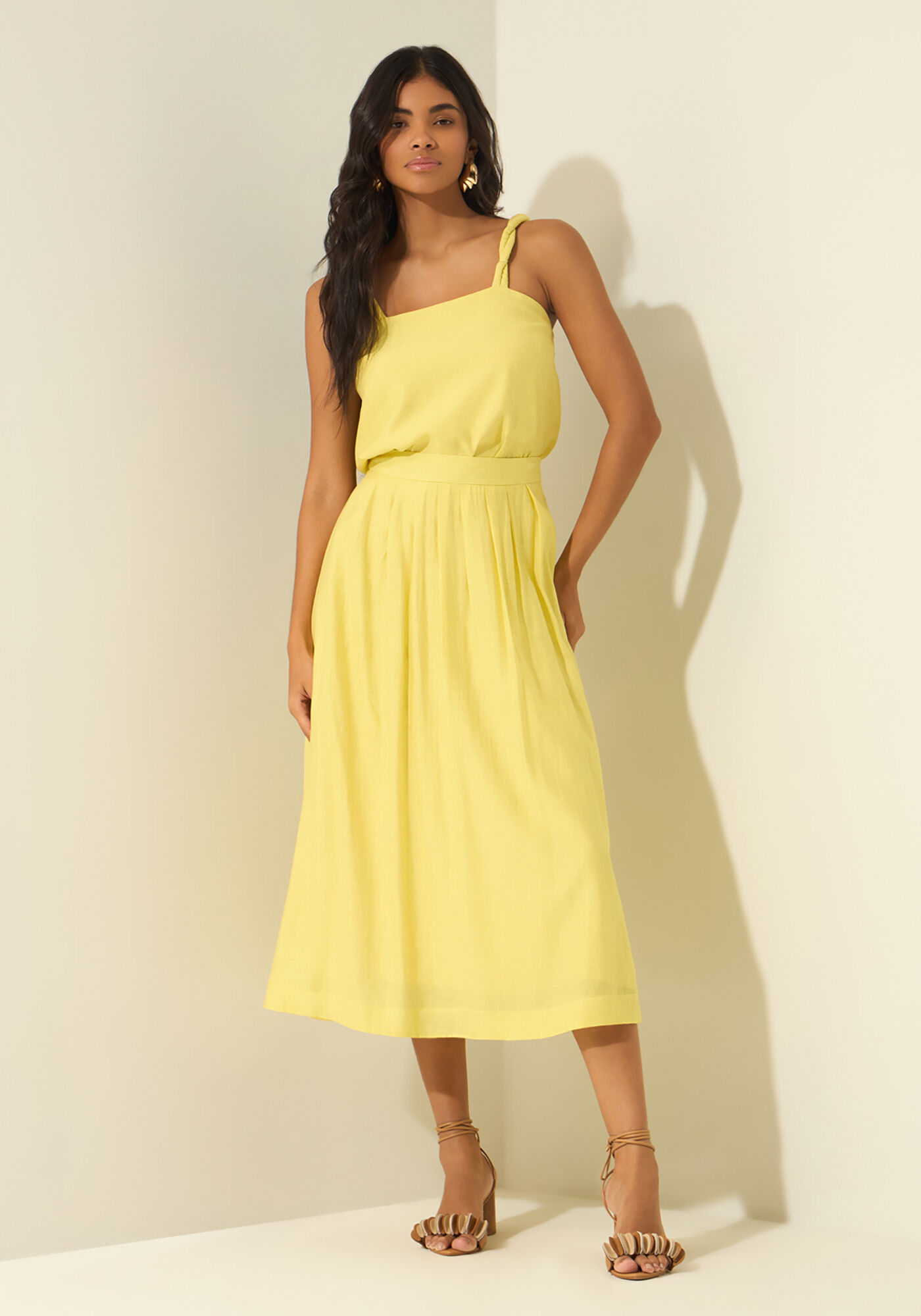 Saia Ch&aacute; De Cintura Alta Em Tecido Com Linho, AMARELO CLARITY, large.