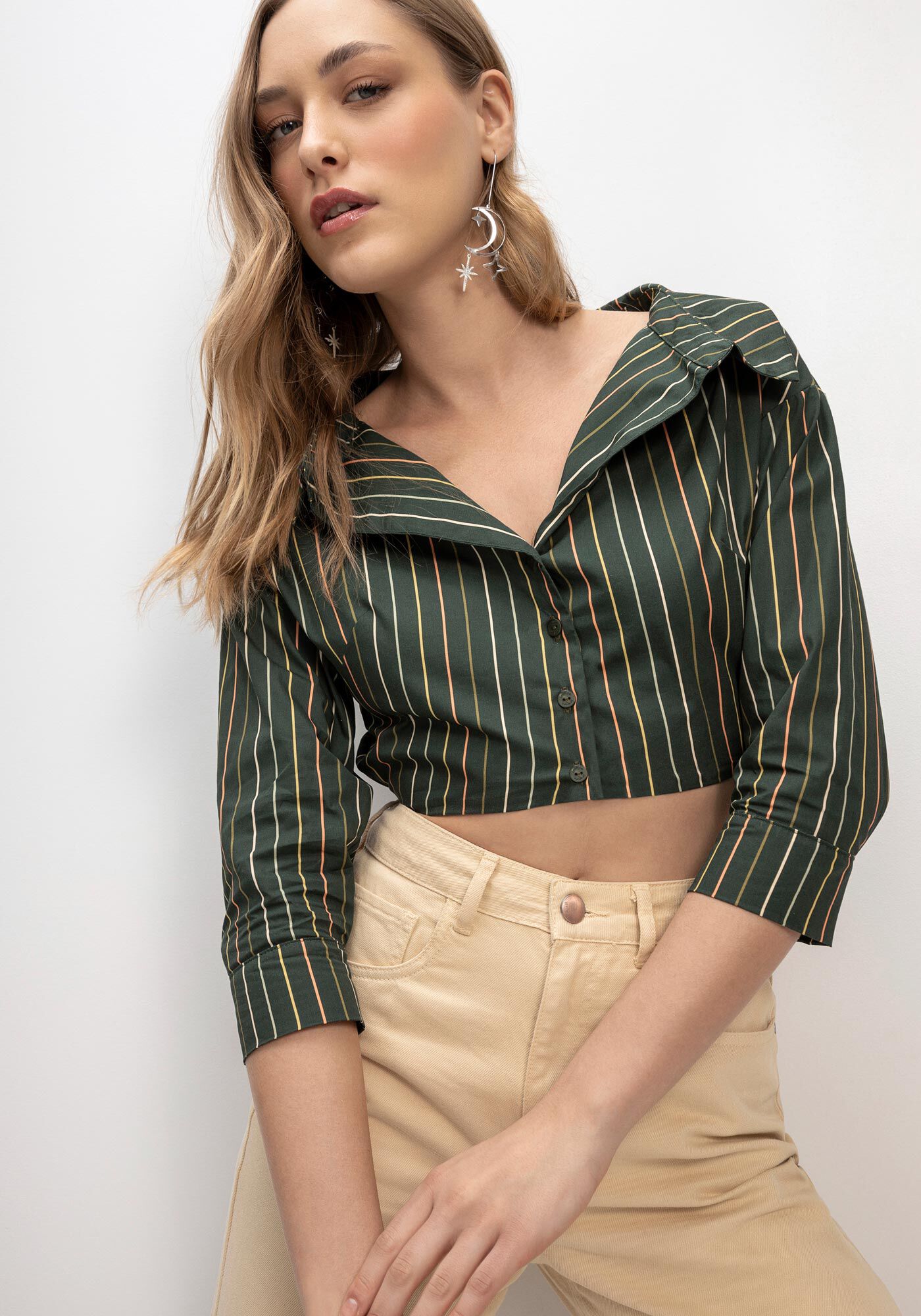 Camisa Cropped em Tricoline com Manga 3/4, , large.