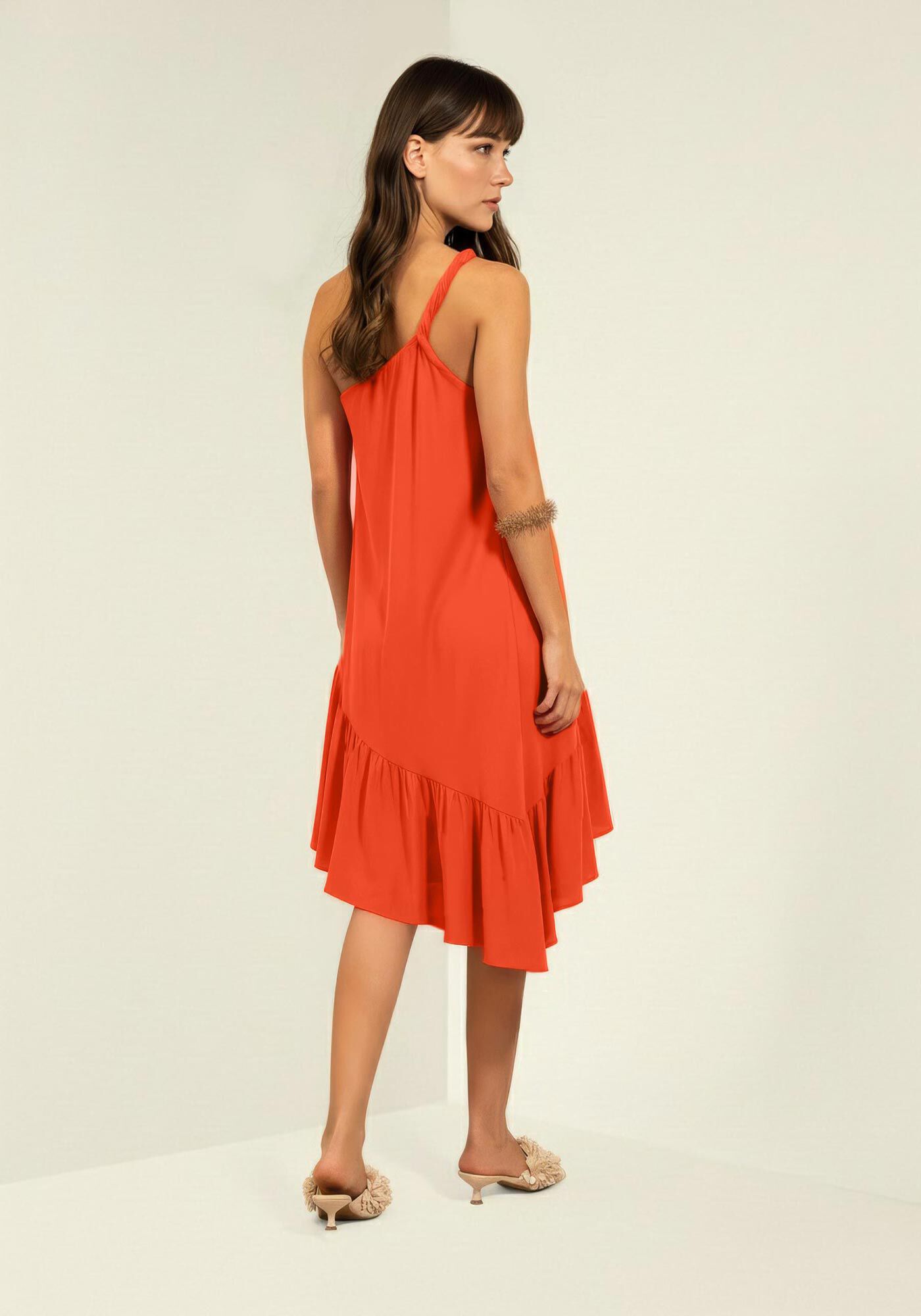 Vestido Curto Assim&eacute;trico De Um Ombro S&oacute; Em Viscose, LARANJA PAIXAO, large.