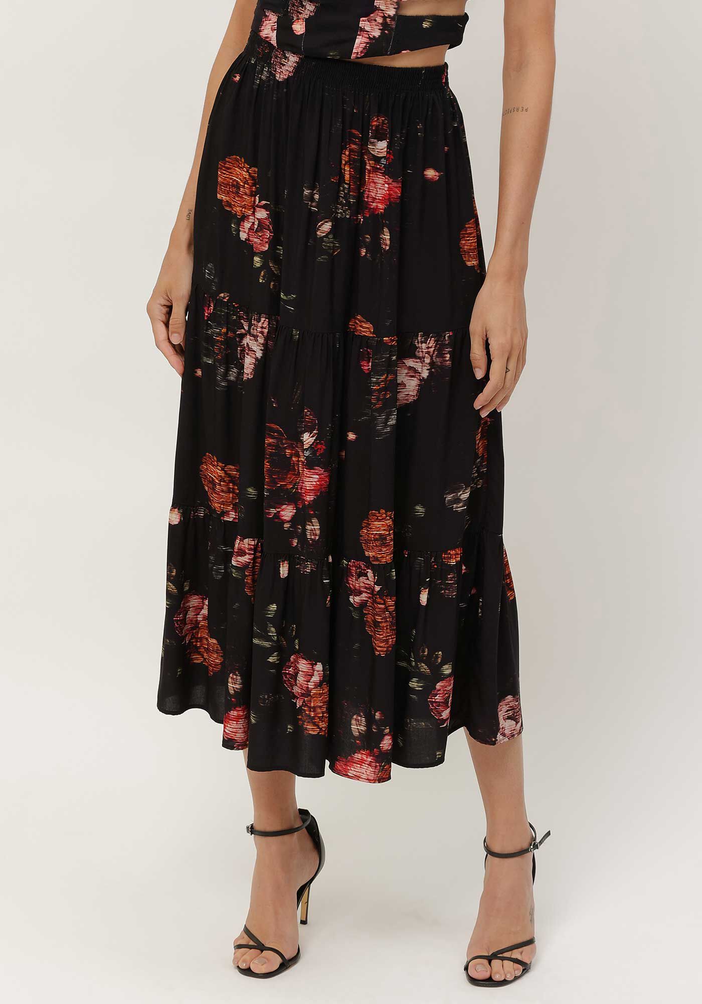 Saia Midi Estampada em Viscose com Babados, , large.