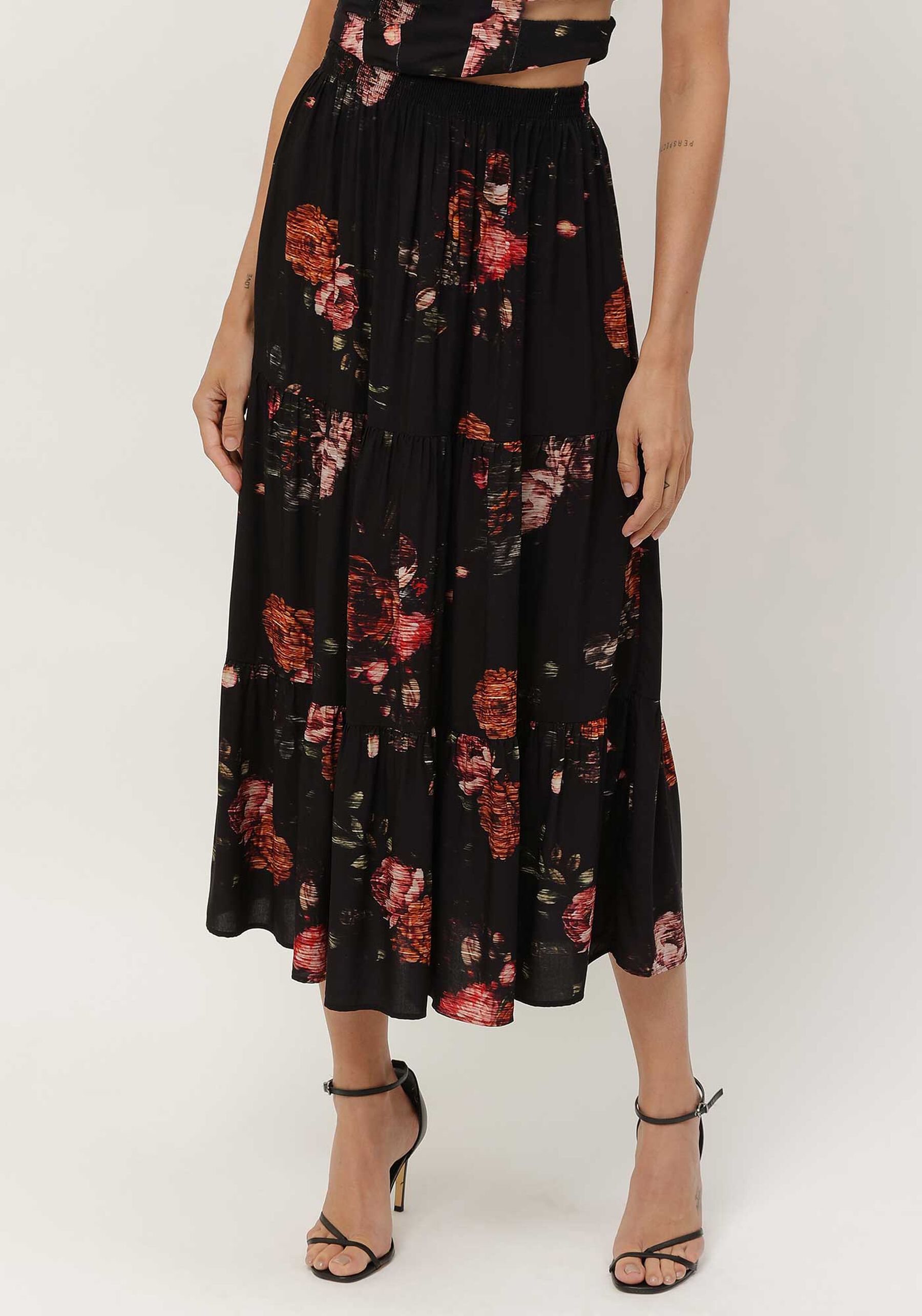 Saia Midi Estampada em Viscose com Babados, . Saia Midi Estampada em Viscose com Babados, , large.