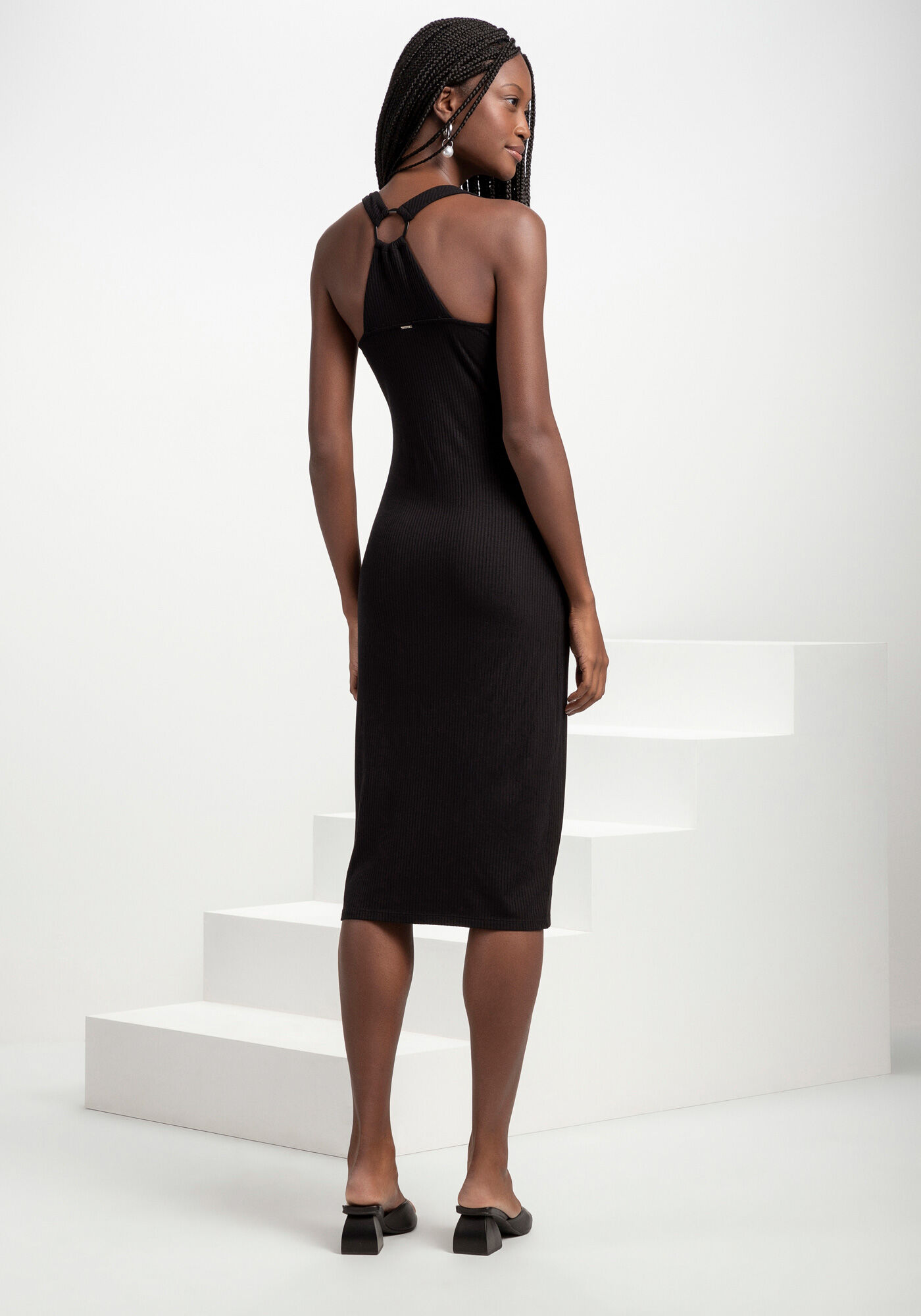 Vestido Midi Canelado com Recorte Costas, PRETO REATIVO, large.