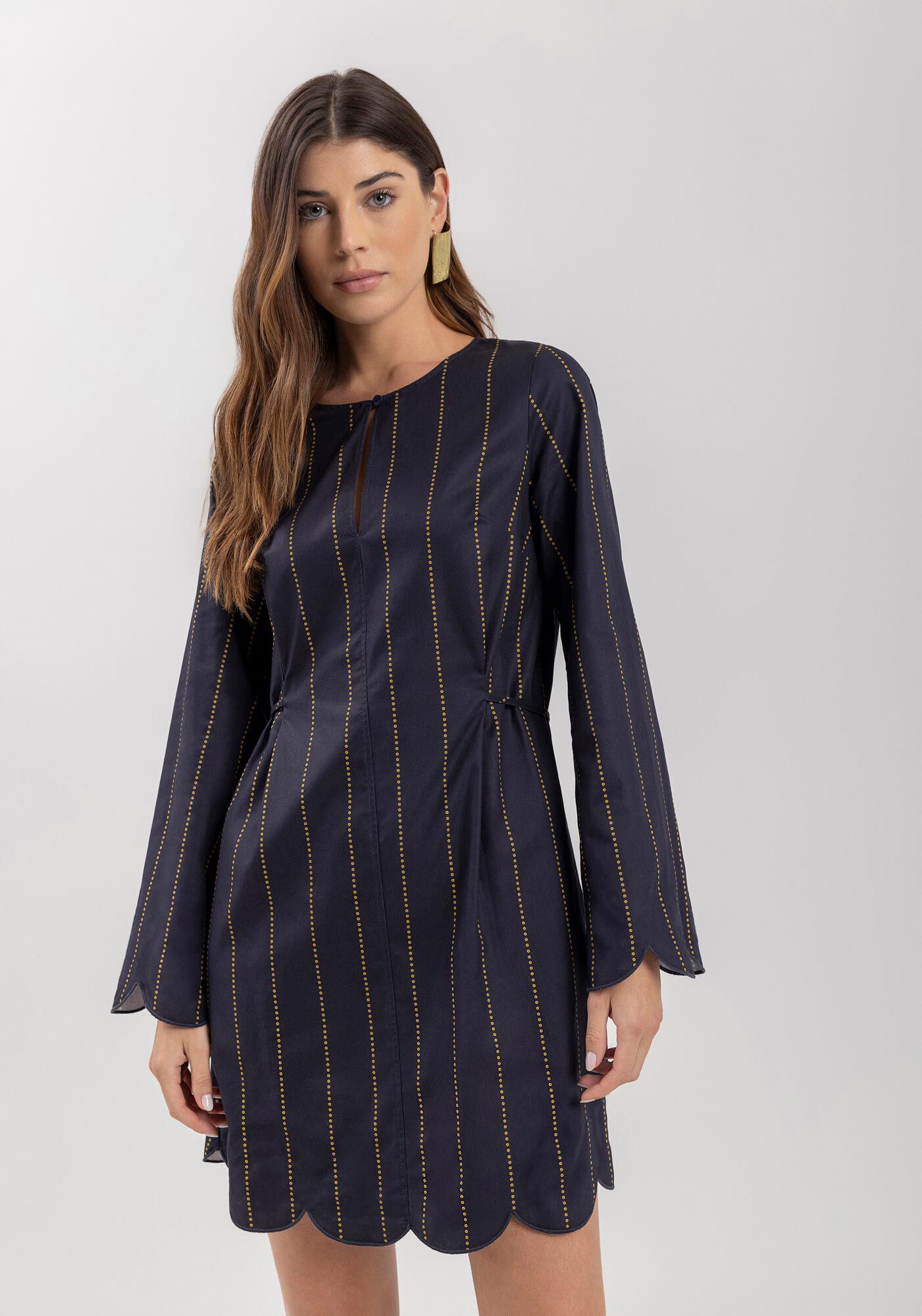 Vestido De Mangas longas Estampado Com Amarra&ccedil;&atilde;o Na Cintura, PEARLS MARINHO, large.