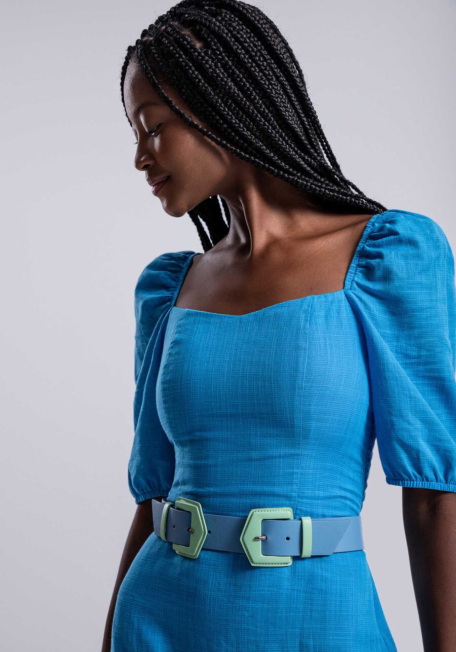 Vestido Midi em Tecido Thige com Manga Bufante, AZUL BAIANO. Vestido Midi em Tecido Thige com Manga Bufante, AZUL BAIANO, large.