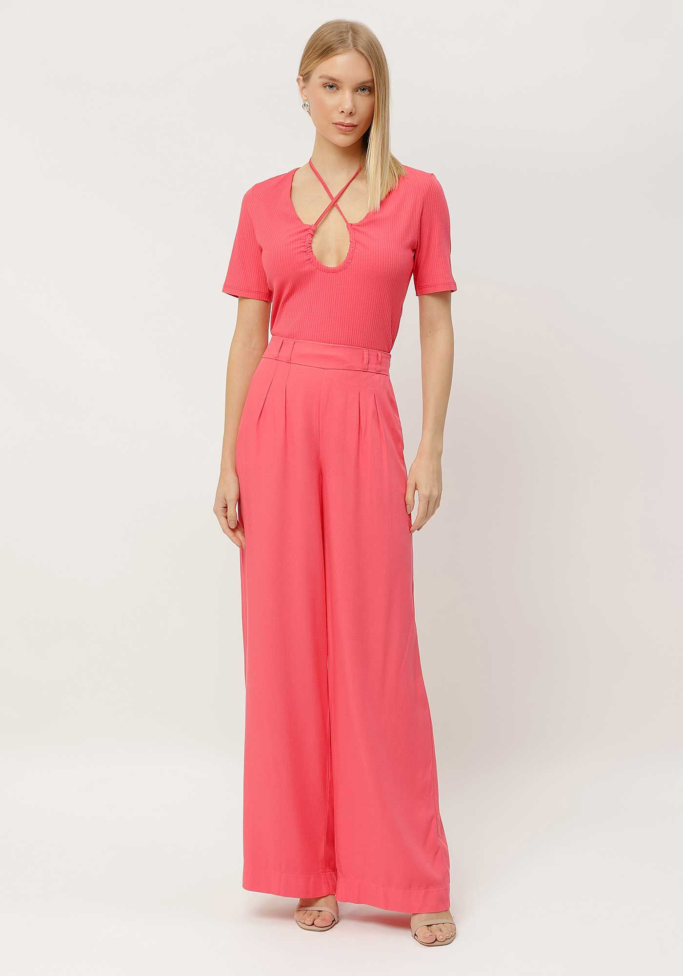 Blusa Canelada com Amarra&ccedil;&atilde;o Decote, ROSA CARACAS, large.