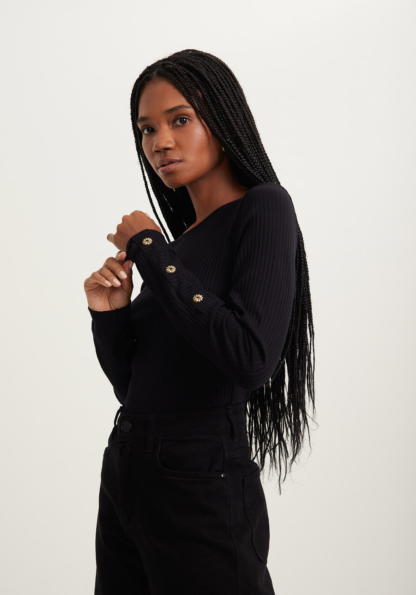 Body Justo Canelado Com Mangas Longas E Bot&otilde;es, PRETO, large.