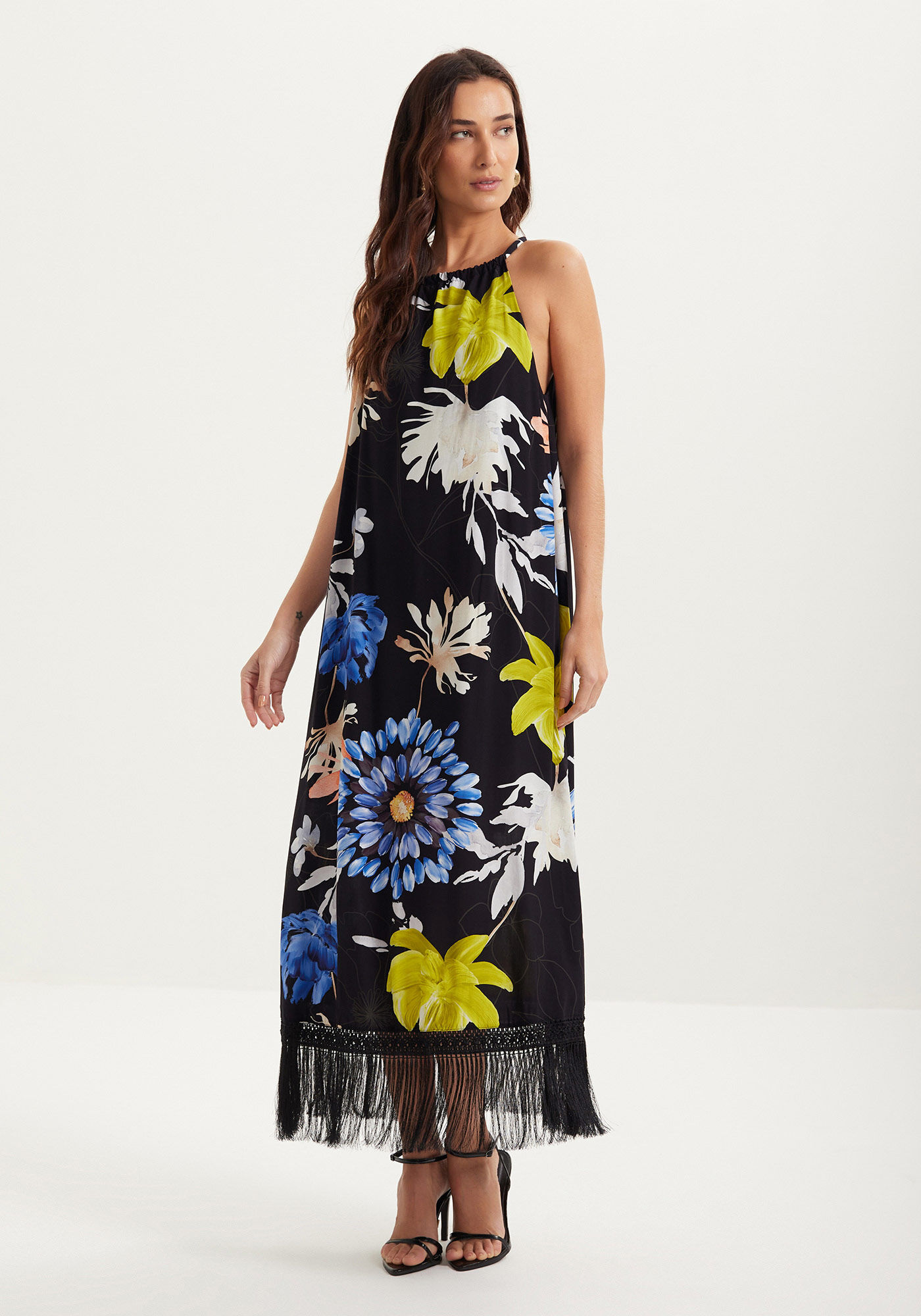 Vestido Longo Estampado Com Franjas Na Barra, , large.
