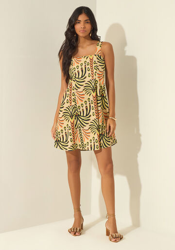 Vestido Curto Estampado De Alças Com Decote Quadrado, TROPICALIA BEGE. Vestido Curto Estampado De Alças Com Decote Quadrado, TROPICALIA BEGE, large.
