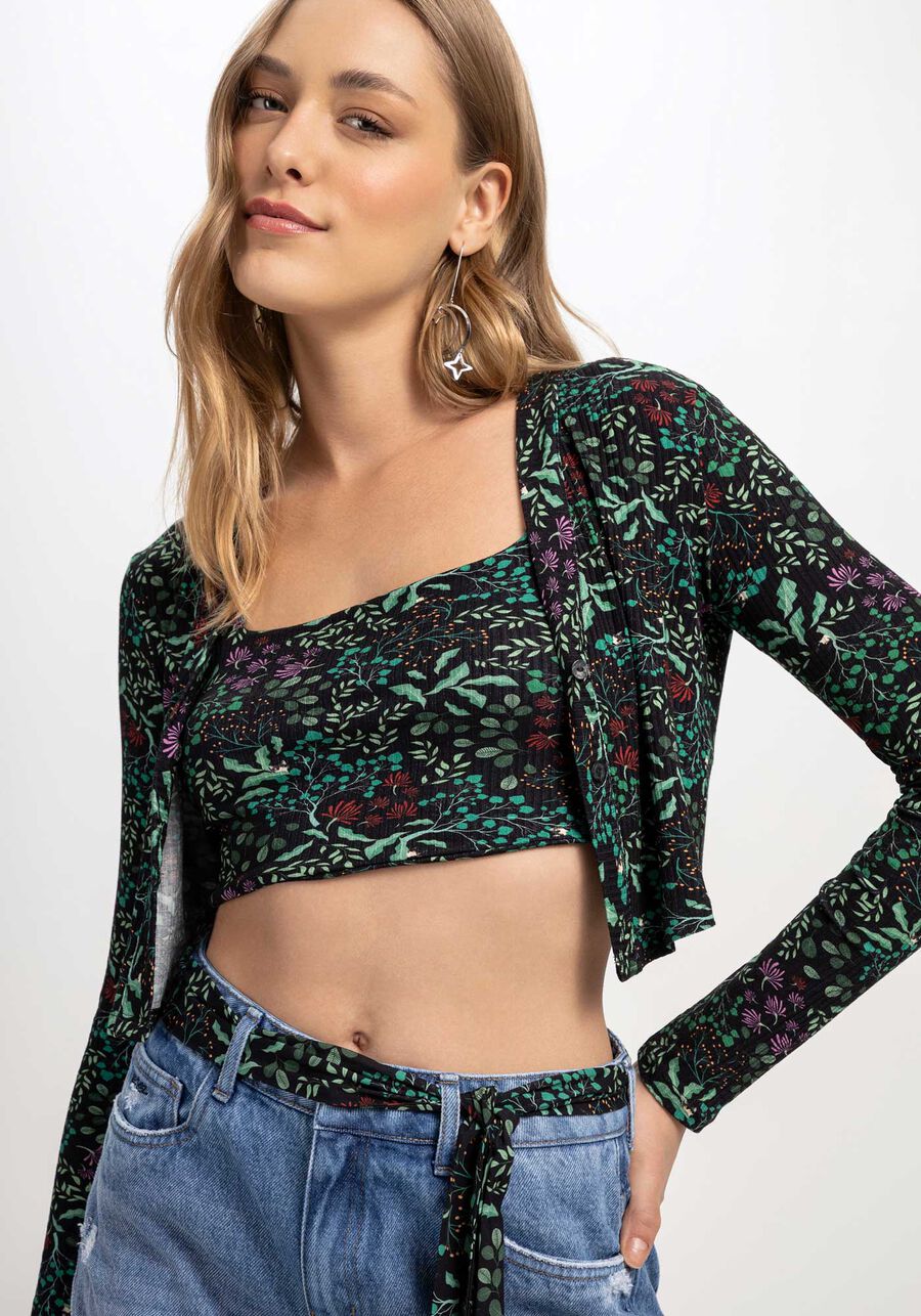 Cardigan Cropped Canelado Estampado com Top, MOSSY. Cardigan Cropped Canelado Estampado com Top, MOSSY, large.