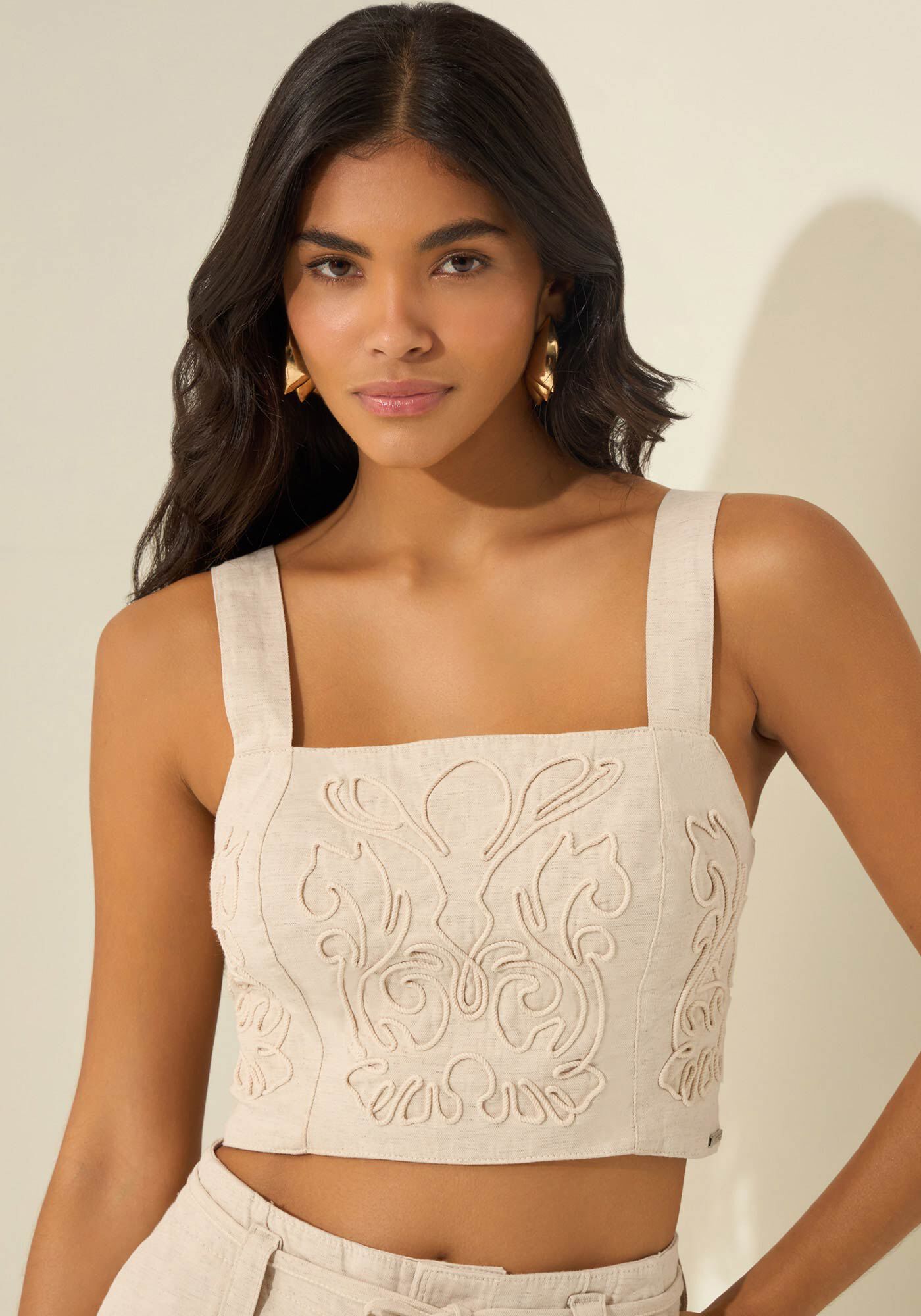 Top Cropped Bordado De Al&ccedil;as Em Sarja Com Linho, NATURAL, large.