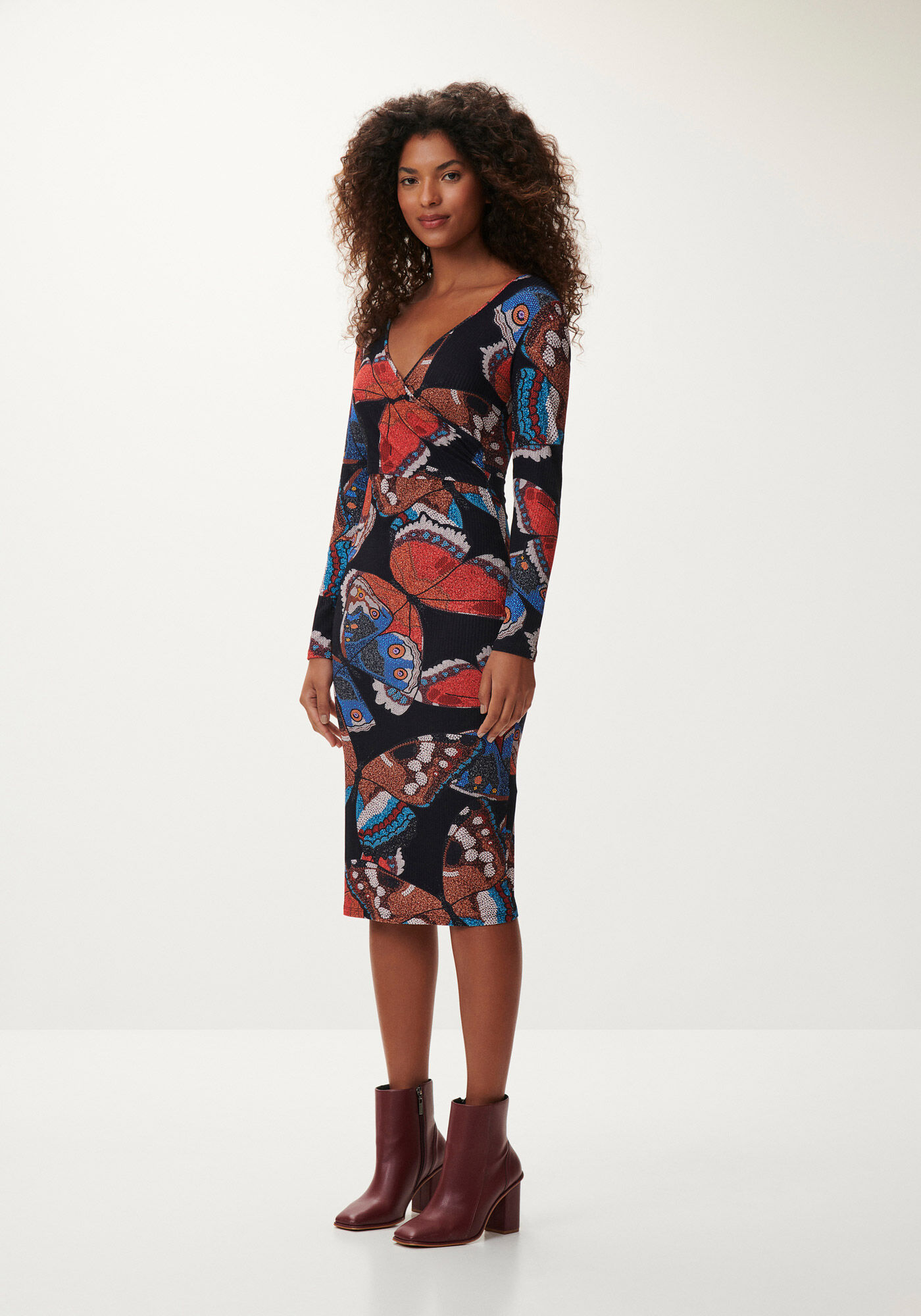 Vestido Midi Manga Longa Canelado Estampado, , large.