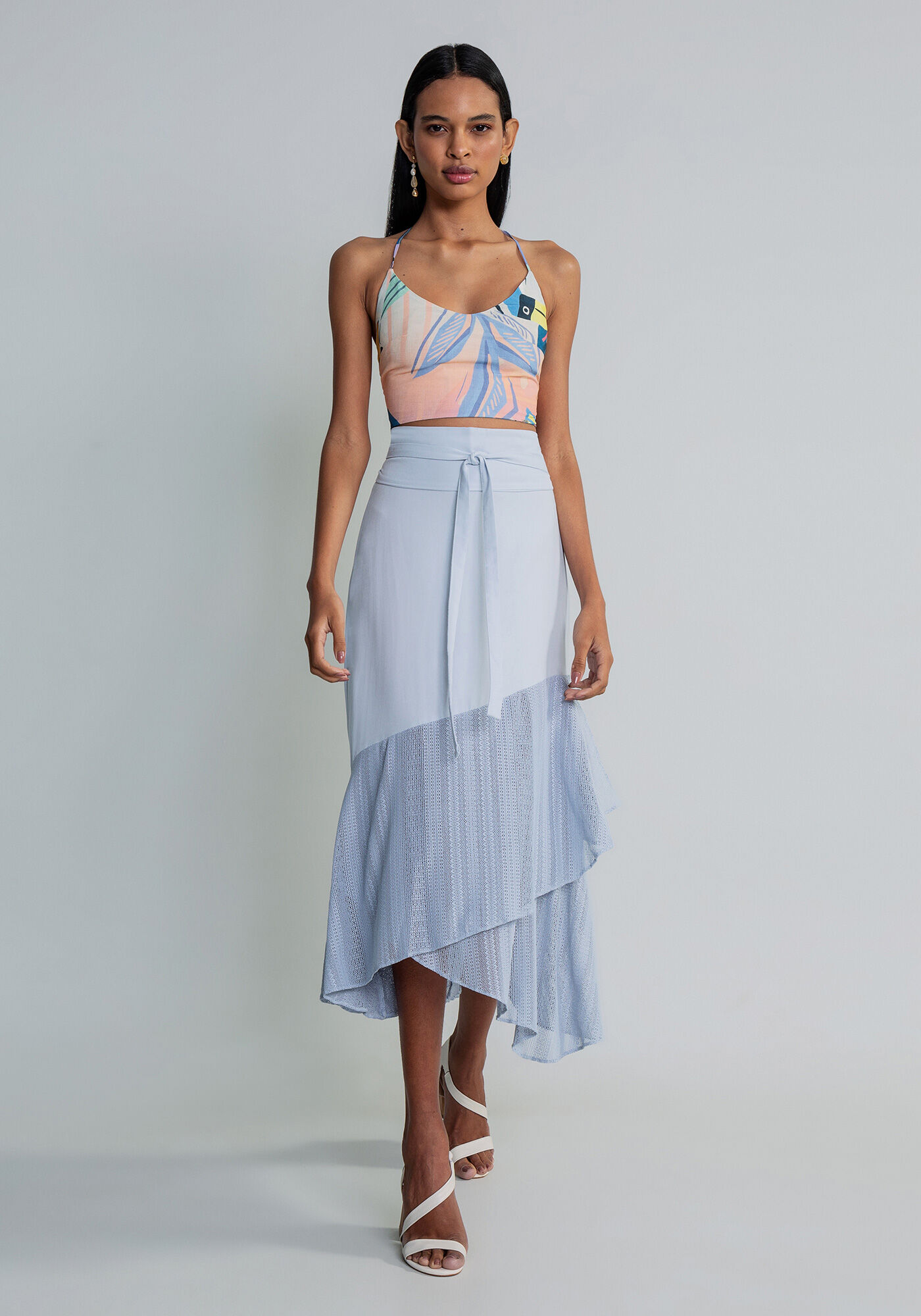 Saia M&iacute;di Babados Renda Cinto, , large.