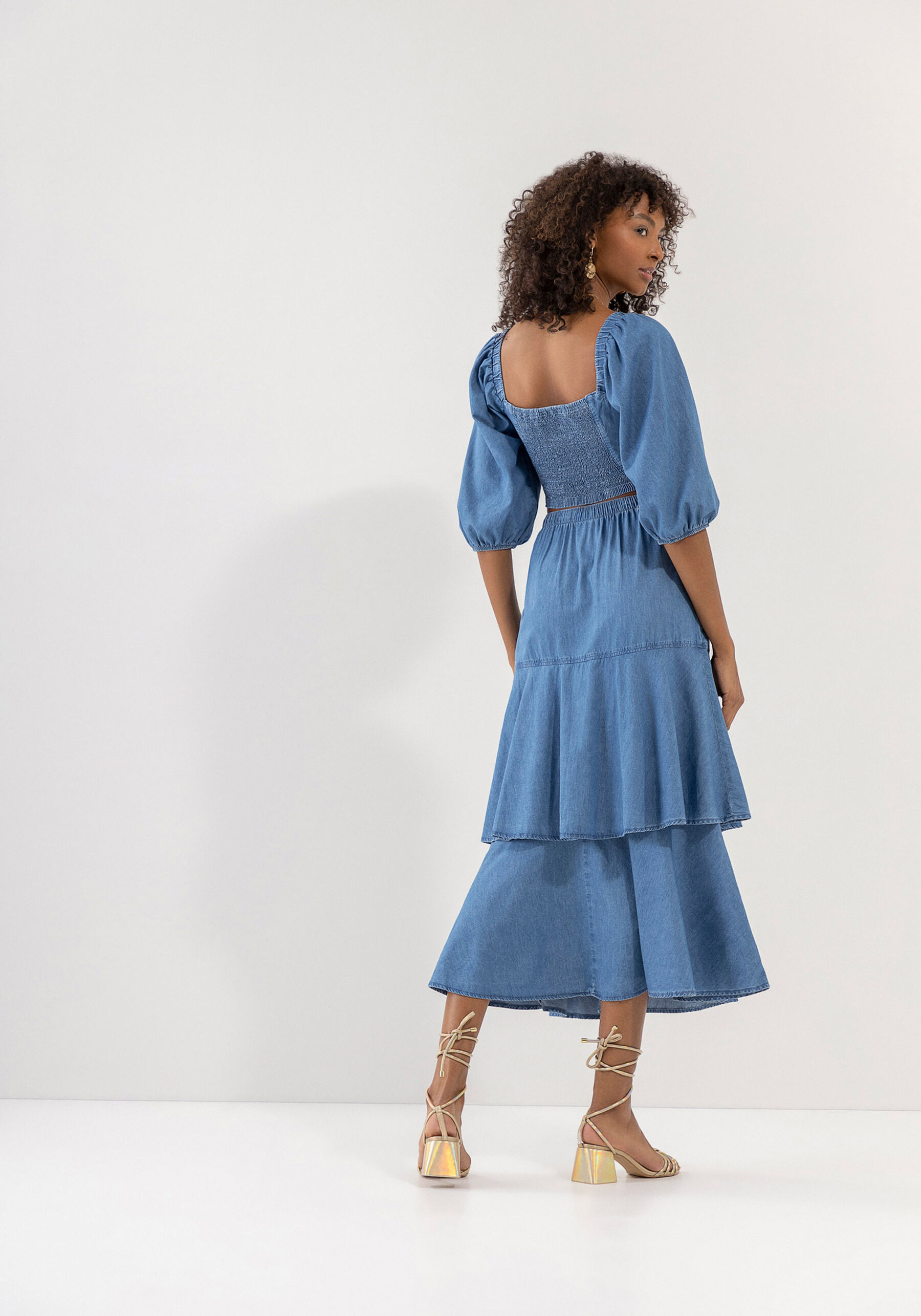 Blusa Jeans Cut Manga 3/4 Bufante com Cut Out, . Blusa Jeans Cut Manga 3/4 Bufante com Cut Out, , large.