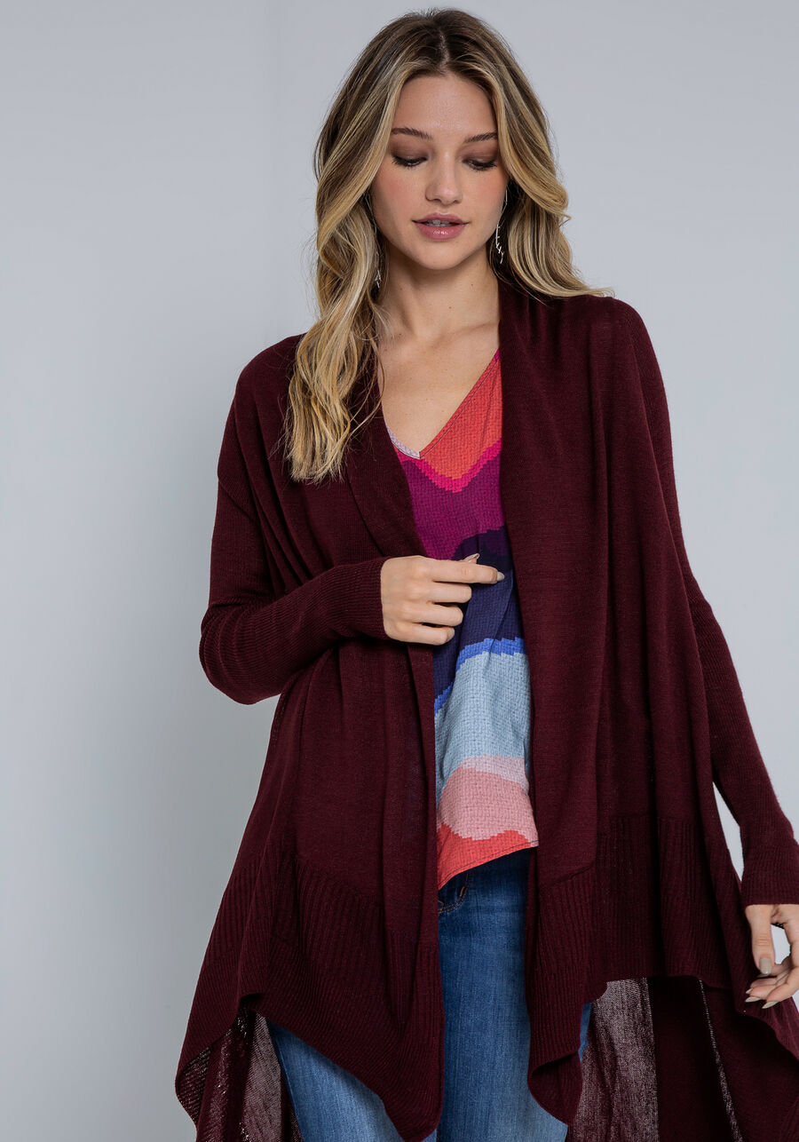 Cardigan Alongado Tricô Barra Assimétrica, BORDO WITCH. Cardigan Alongado Tricô Barra Assimétrica, BORDO WITCH, large.