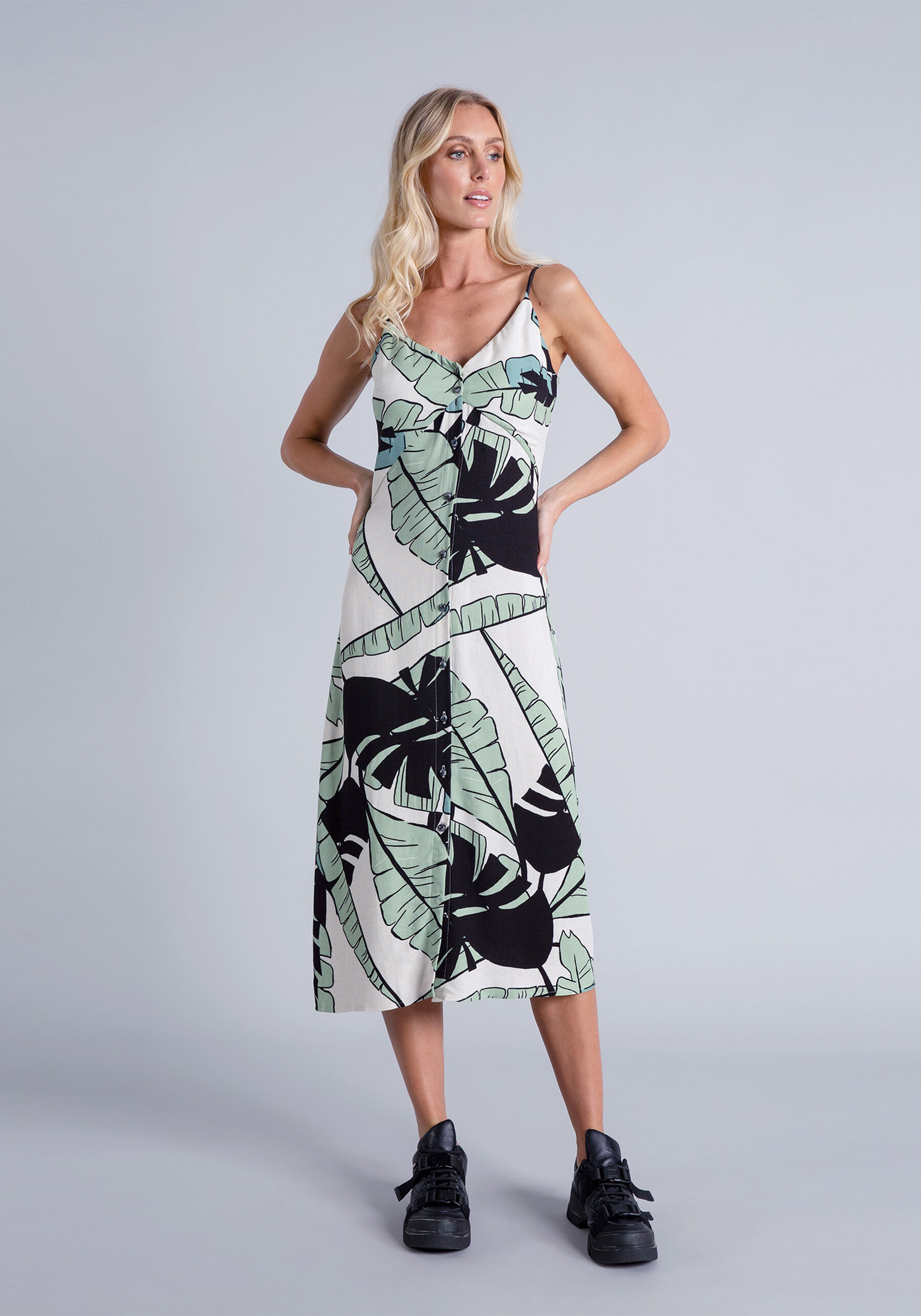 Vestido com Alças Mídi Botões Echo, . Vestido com Alças Mídi Botões Echo, , large.