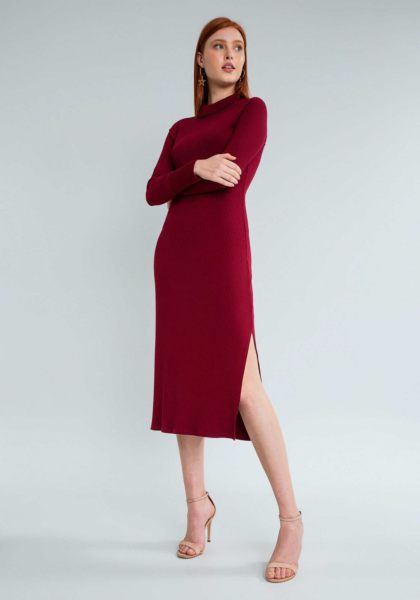 Vestido bordo manga longa 2025