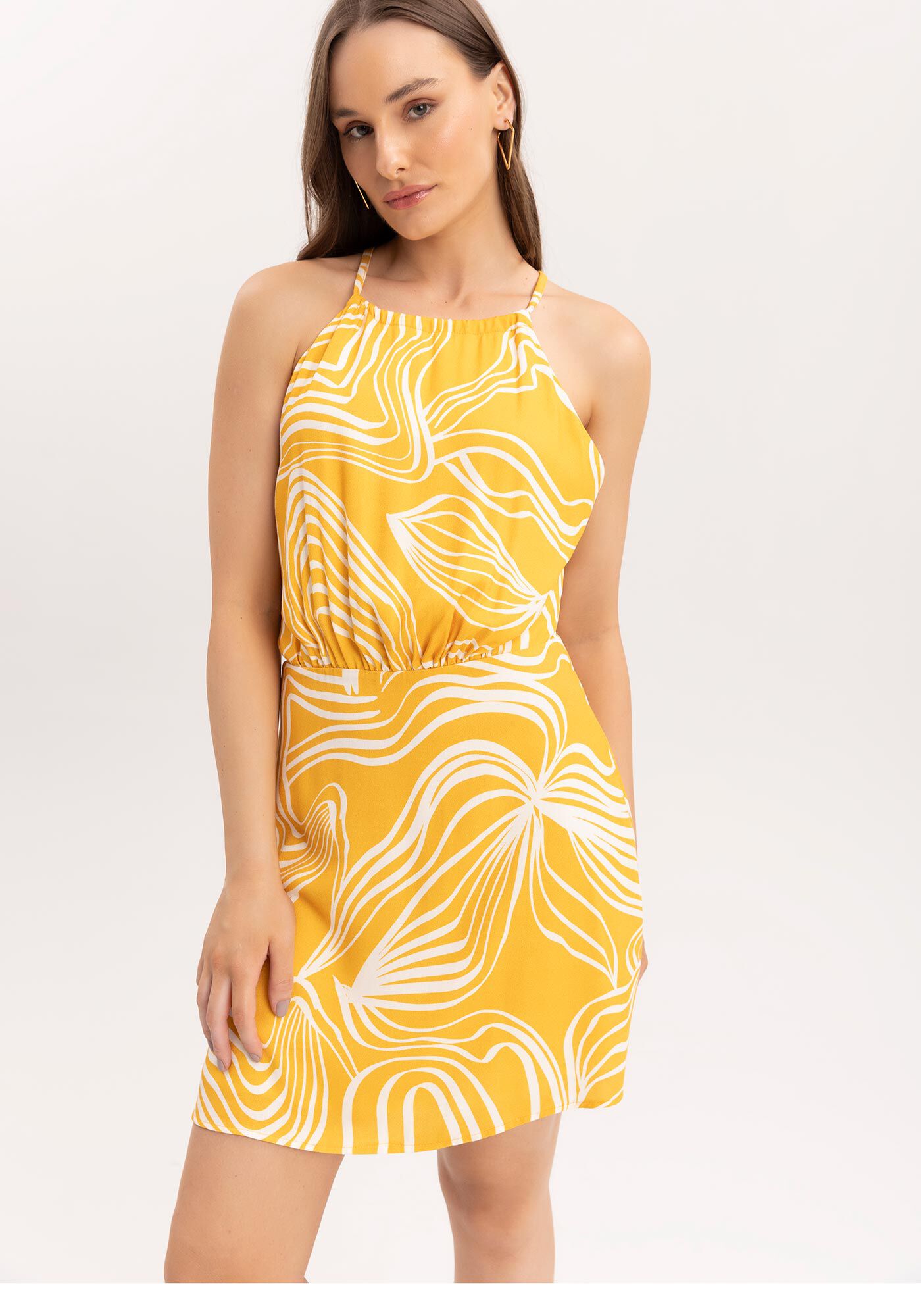 Vestido Curto Estampado em Crepe com Detalhe Costas, , large.