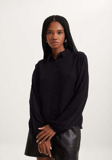 Camisa de Manga Longa Com Gola E Botões, PRETO. Camisa de Manga Longa Com Gola E Botões, PRETO, large.