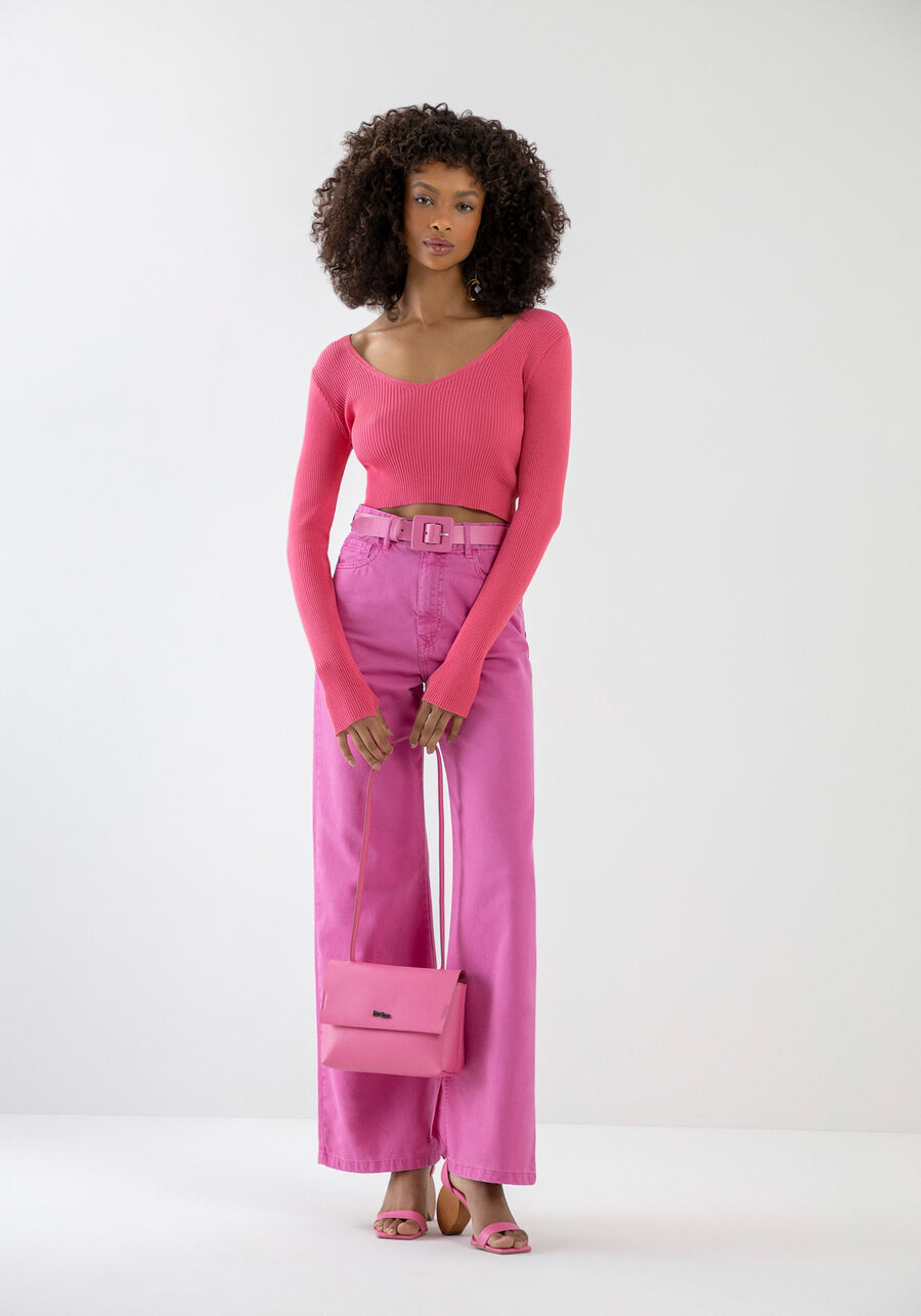Blusa Manga Longa Tricô Cropped e Decote V, ROSA HIGH PINK. Blusa Manga Longa Tricô Cropped e Decote V, ROSA HIGH PINK, large.
