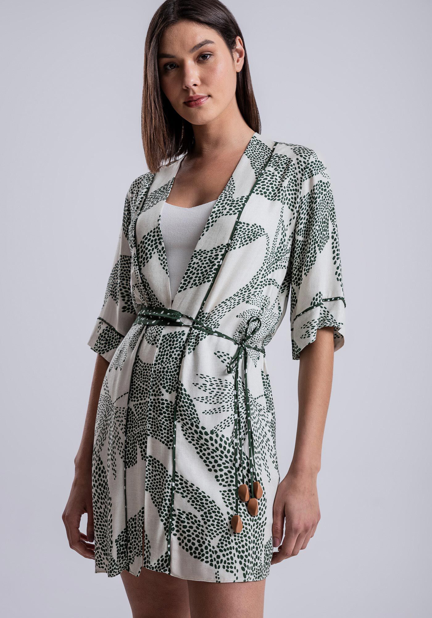 Kimono Alongado em Crepe com Cinto, , large.