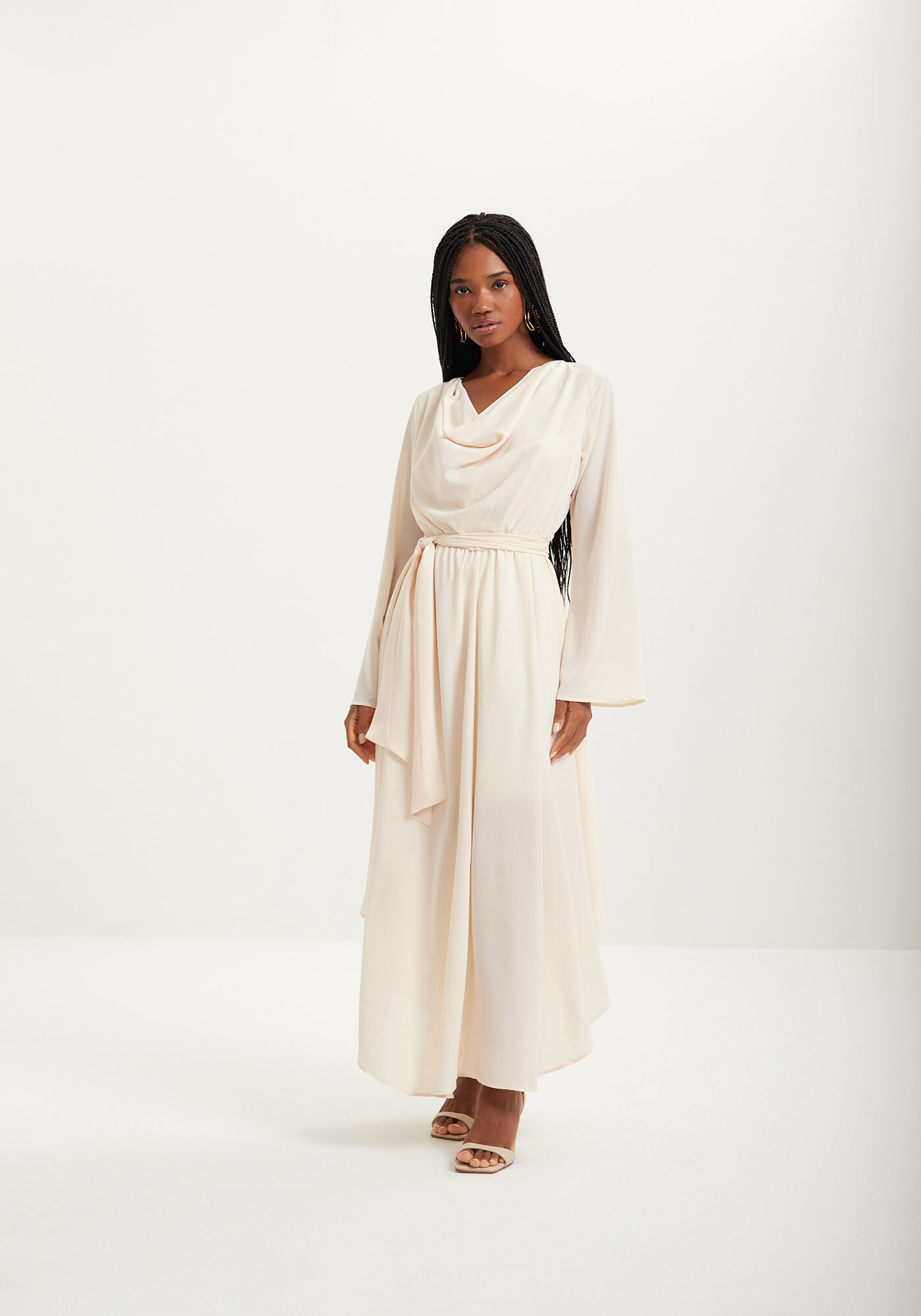 Vestido Longo De Mangas Com Gola Degag&ecirc; Em Chiffon, BEGE ALHAMBRA, large.