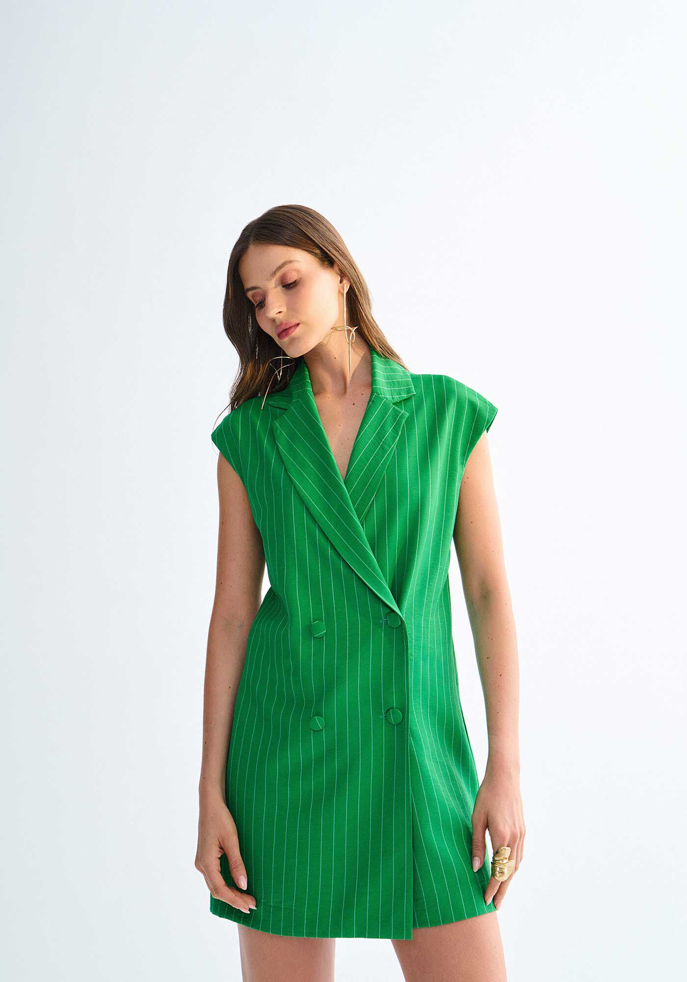 Macac&atilde;o Curto Blazer Alfaiataria Risca de Giz, , large.